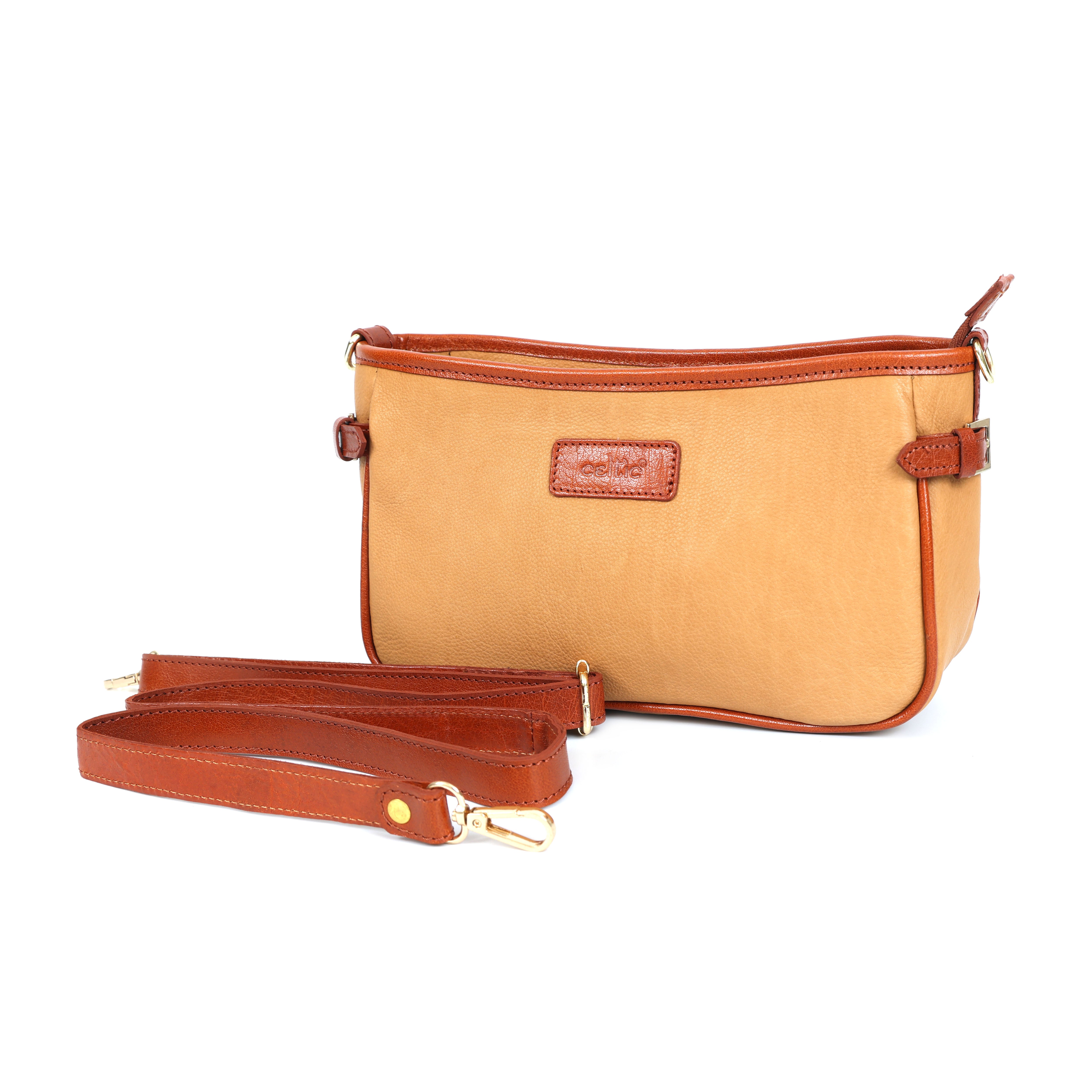 Premium Genuine Leather Tan Sling Bag with Adjustable Strap & Zip Pocket