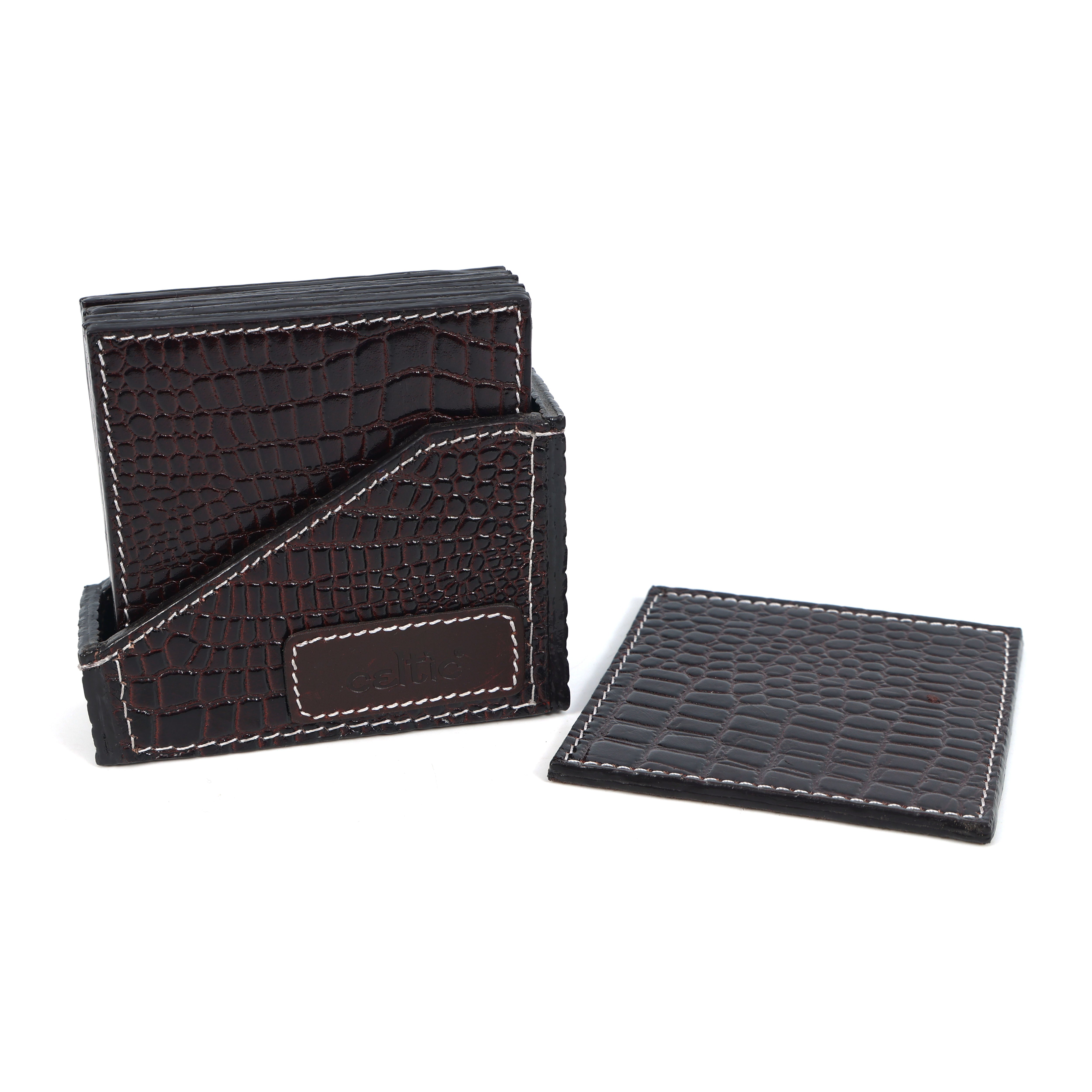 Premium Croc-Textured Leather Coaster Set with Holder
