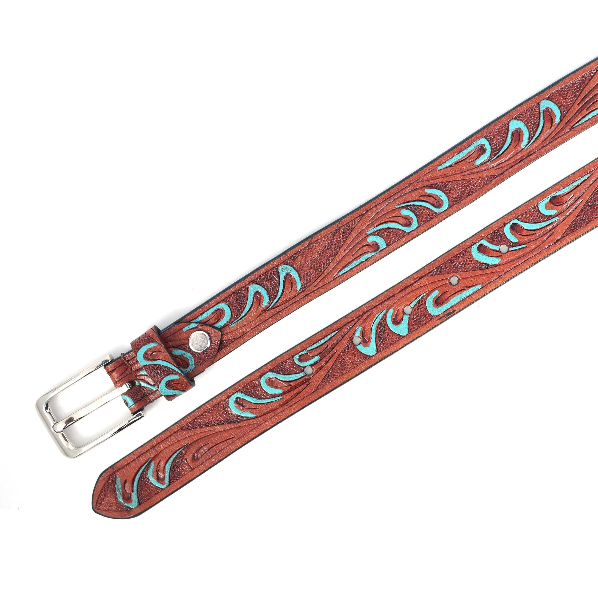 Premium Tan & Blue Leather Belt with Silver Buckle  Stylish & Durable. LB-856