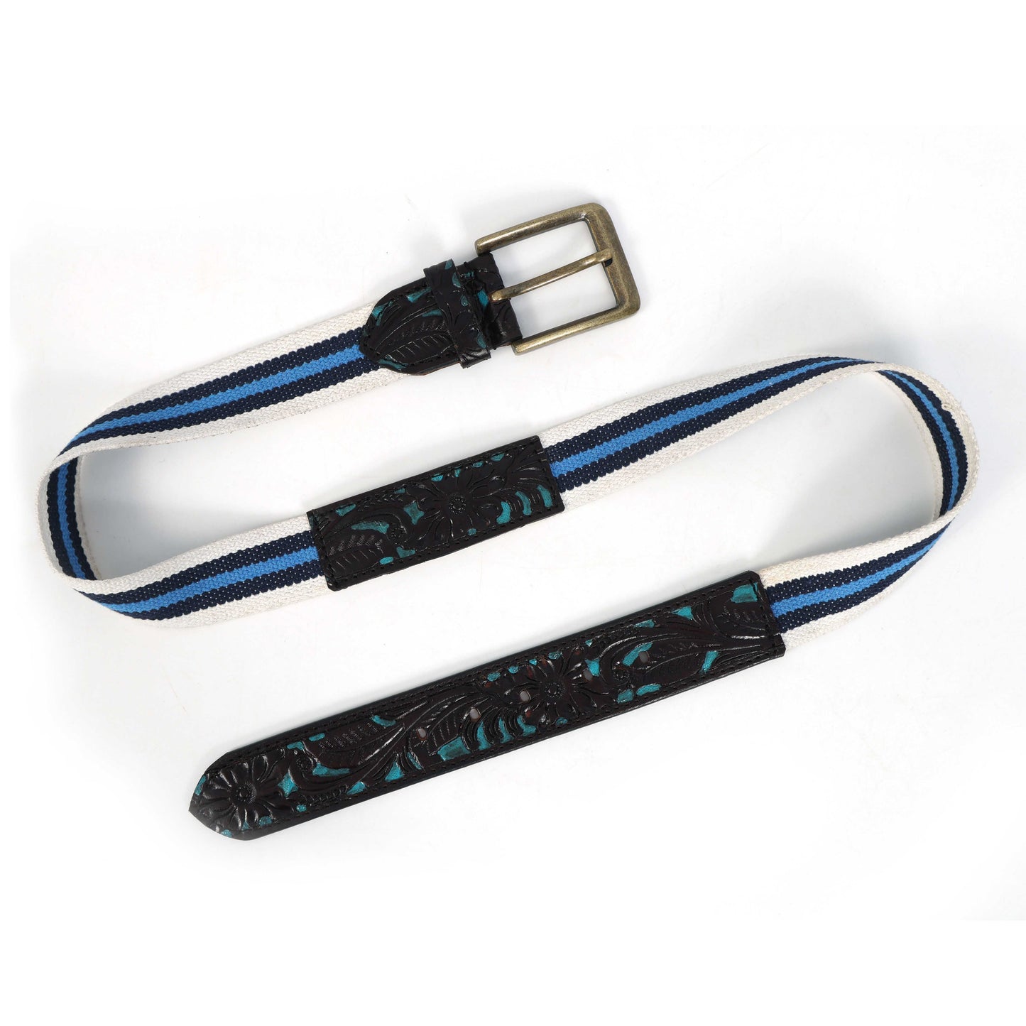 Hand-Carved Black Leather Belt with Blue Webbing  38mm. LB-834