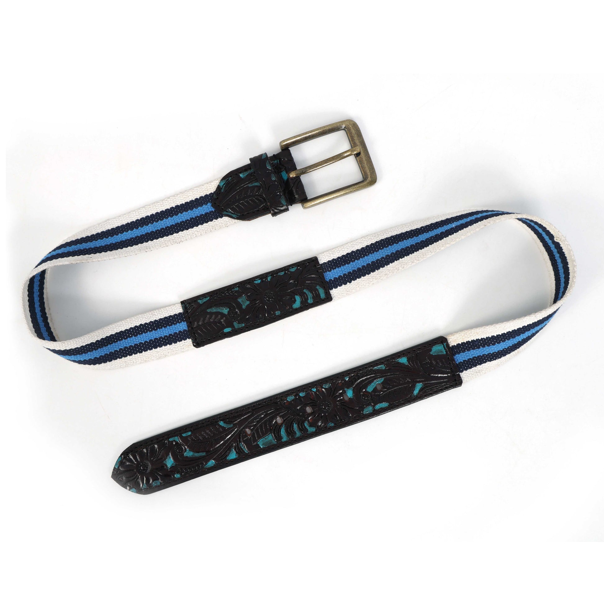 Hand-Carved Black Leather Belt with Blue Webbing  38mm. LB-834