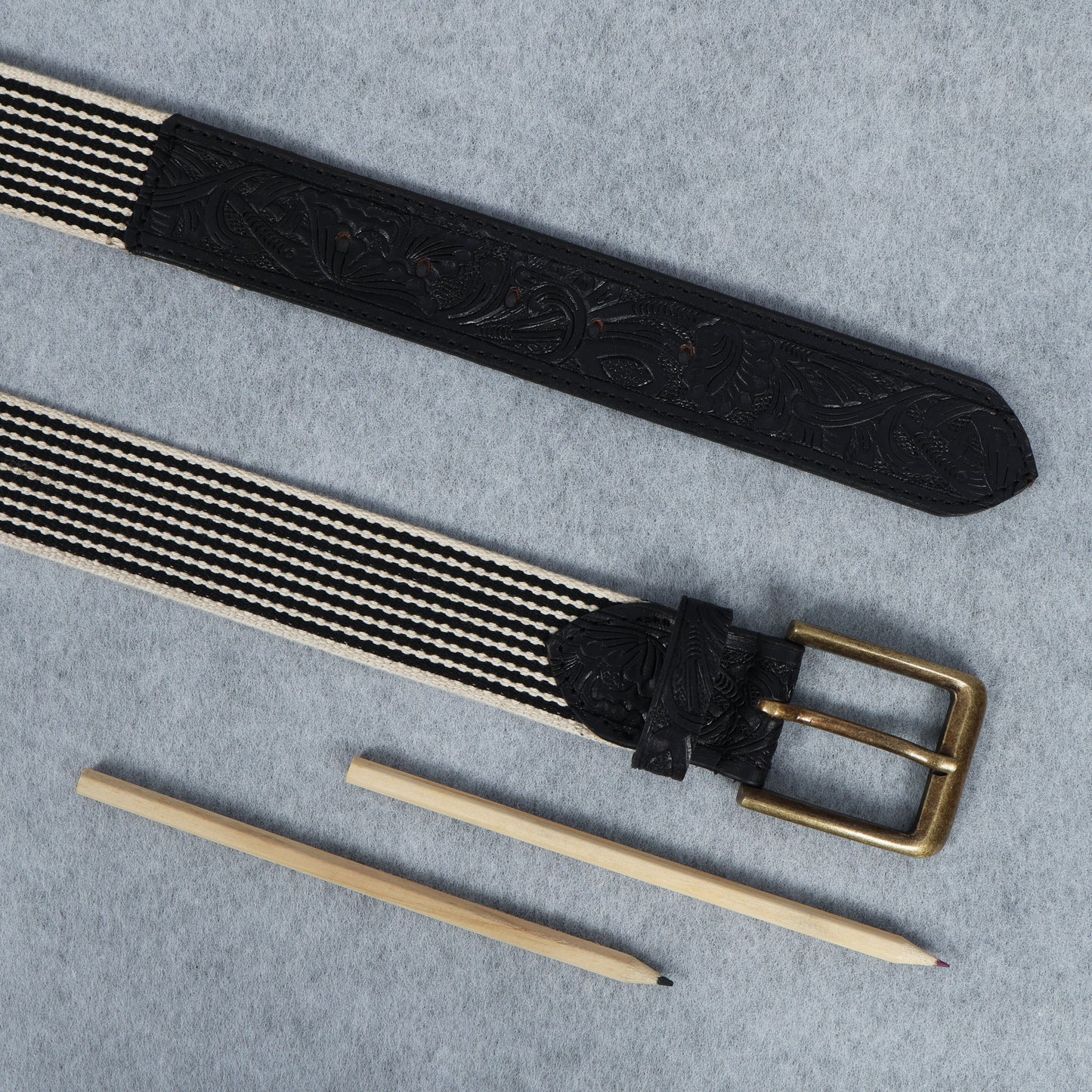 Black Hand-Carved Black Leather Belt with Black Webbing  38mm. LB-835