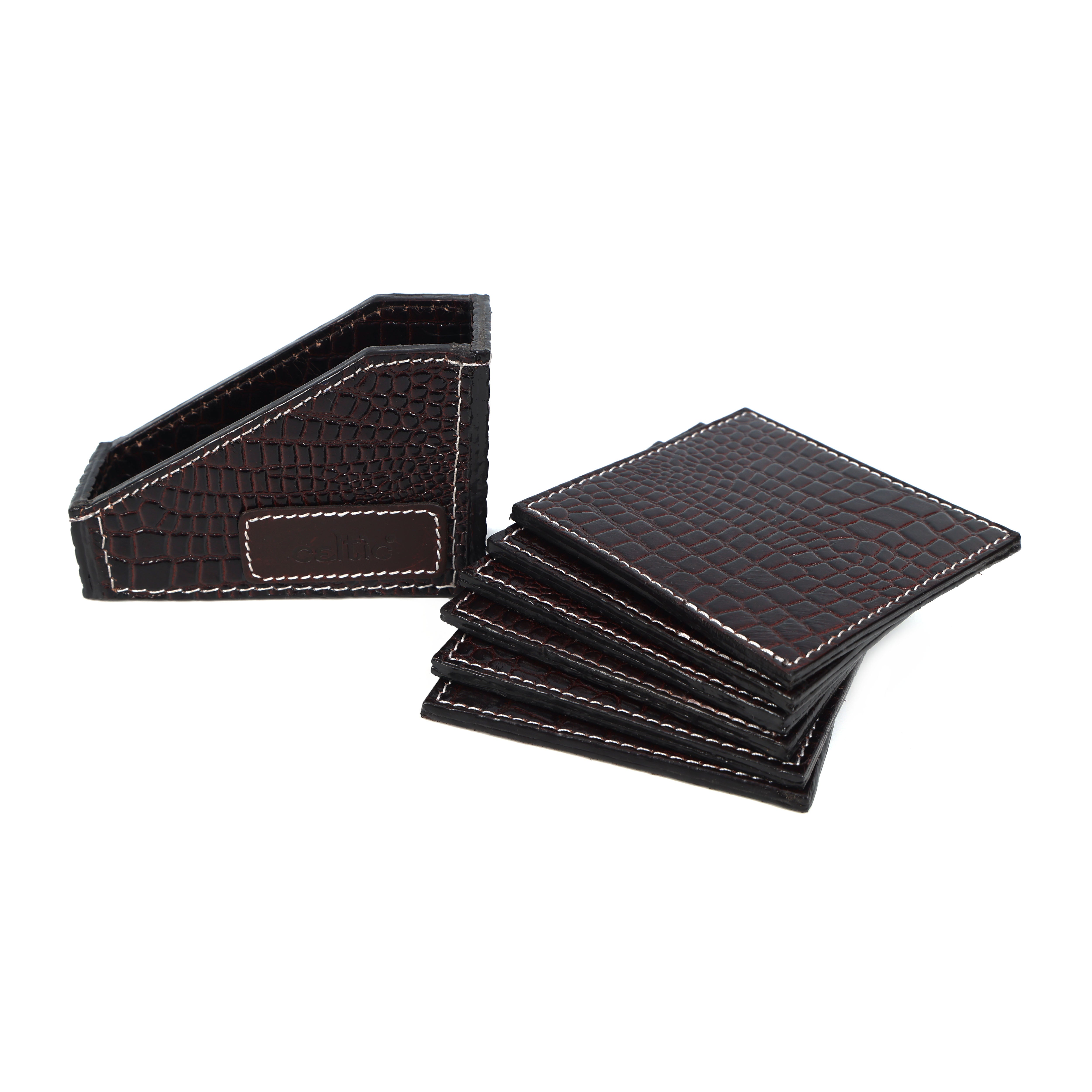 Premium Croc-Textured Leather Coaster Set with Holder