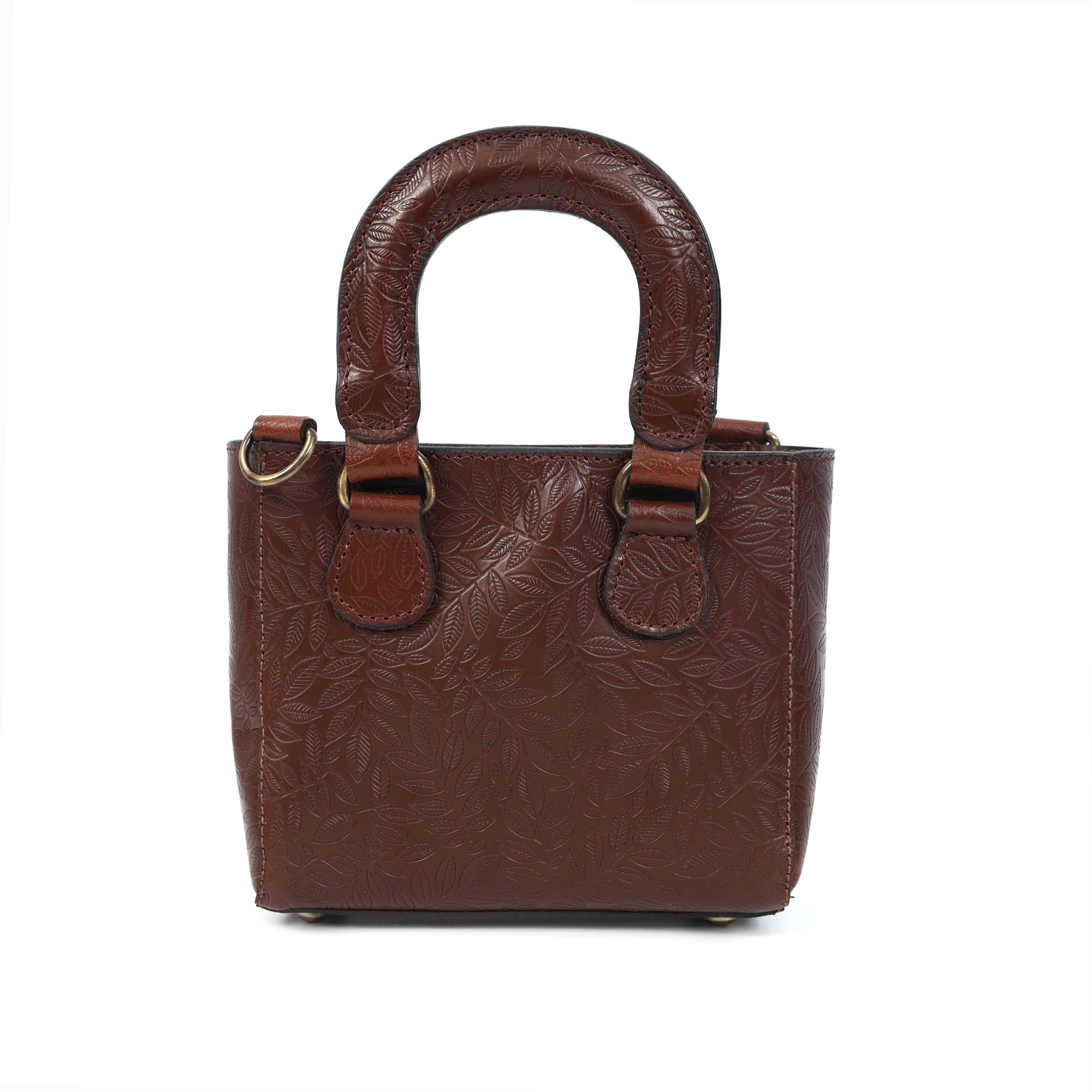 Premium Embossed Genuine Leather Mini Tote Crossbody Bag with Dual Handles & Zip Pocket