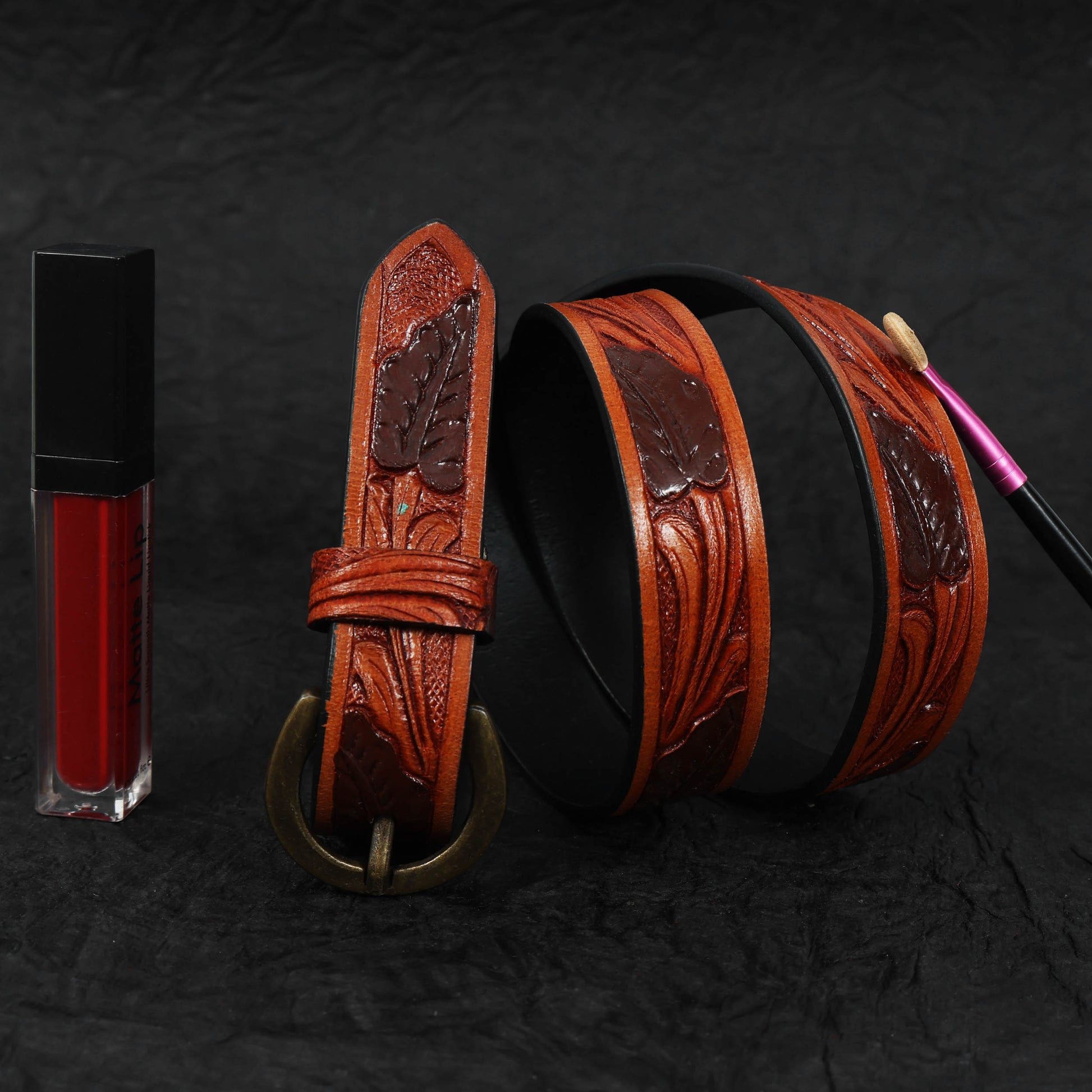 Premium Brown Leather Hand-Carved Belt  Elegant Formal Wear Accessory. LB-848