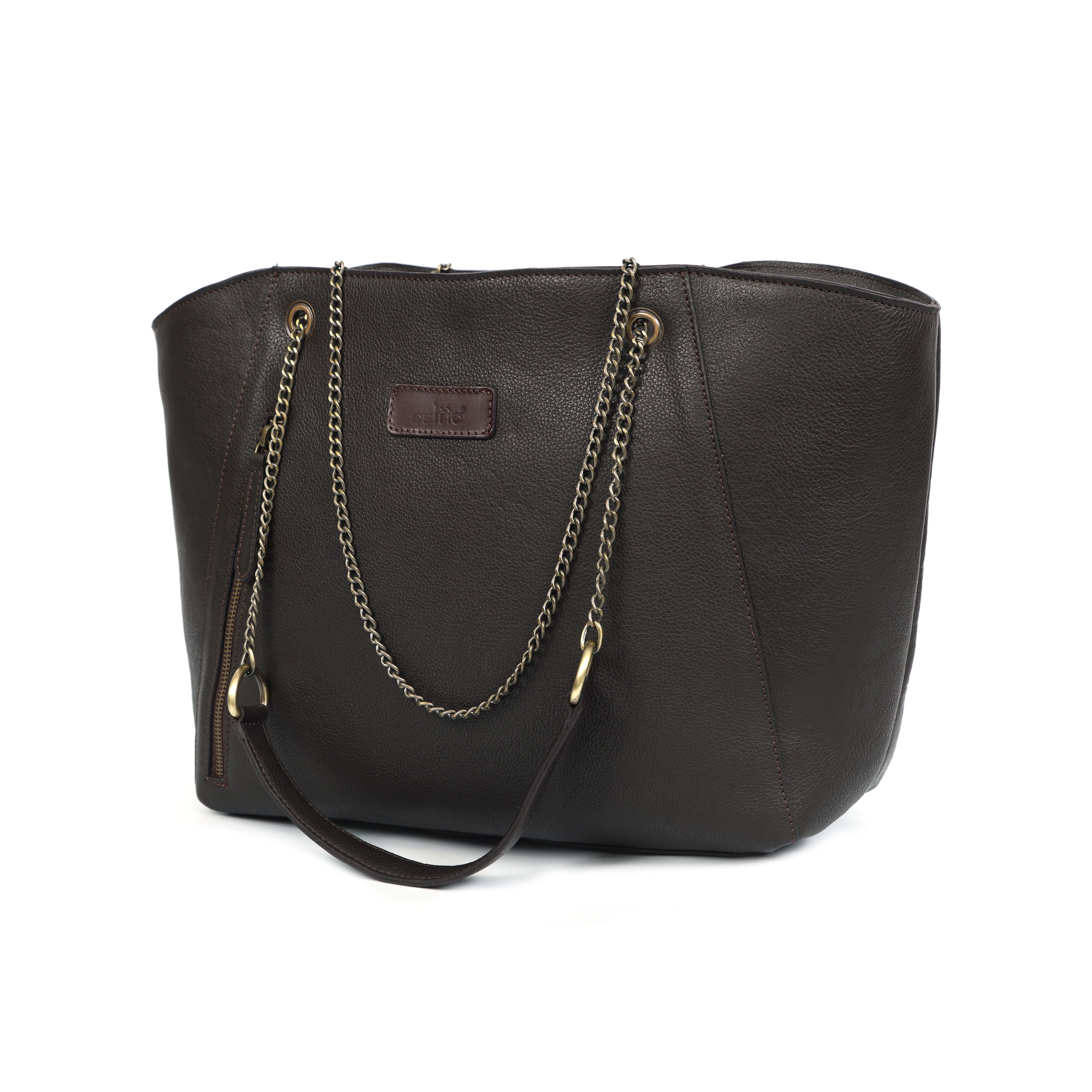 Premium Export Quality Black Leather Tote Bag with Chain Handles & Zip Closure