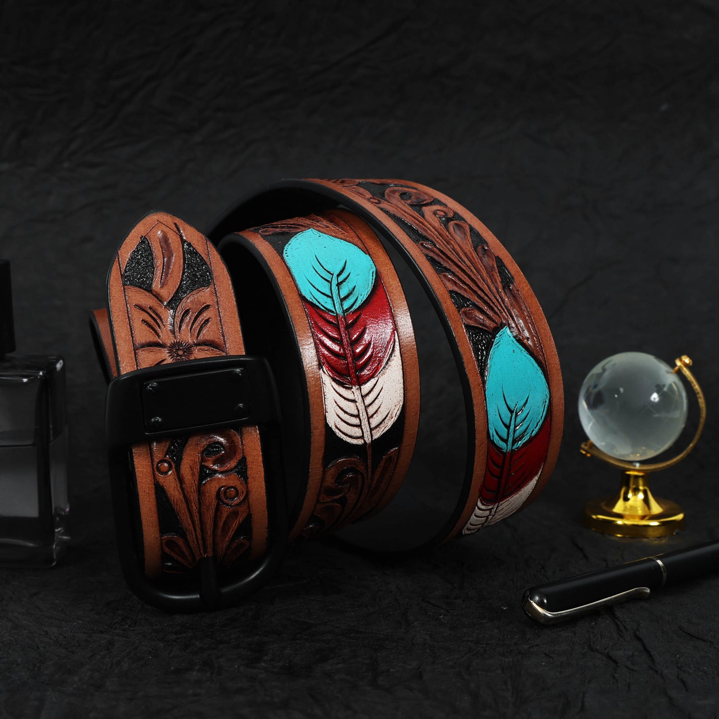 Stylish Brown Leather Hand-Carved Belt with Blue Paint  Unique, Custom Artisan Craftsmanship. LB-842