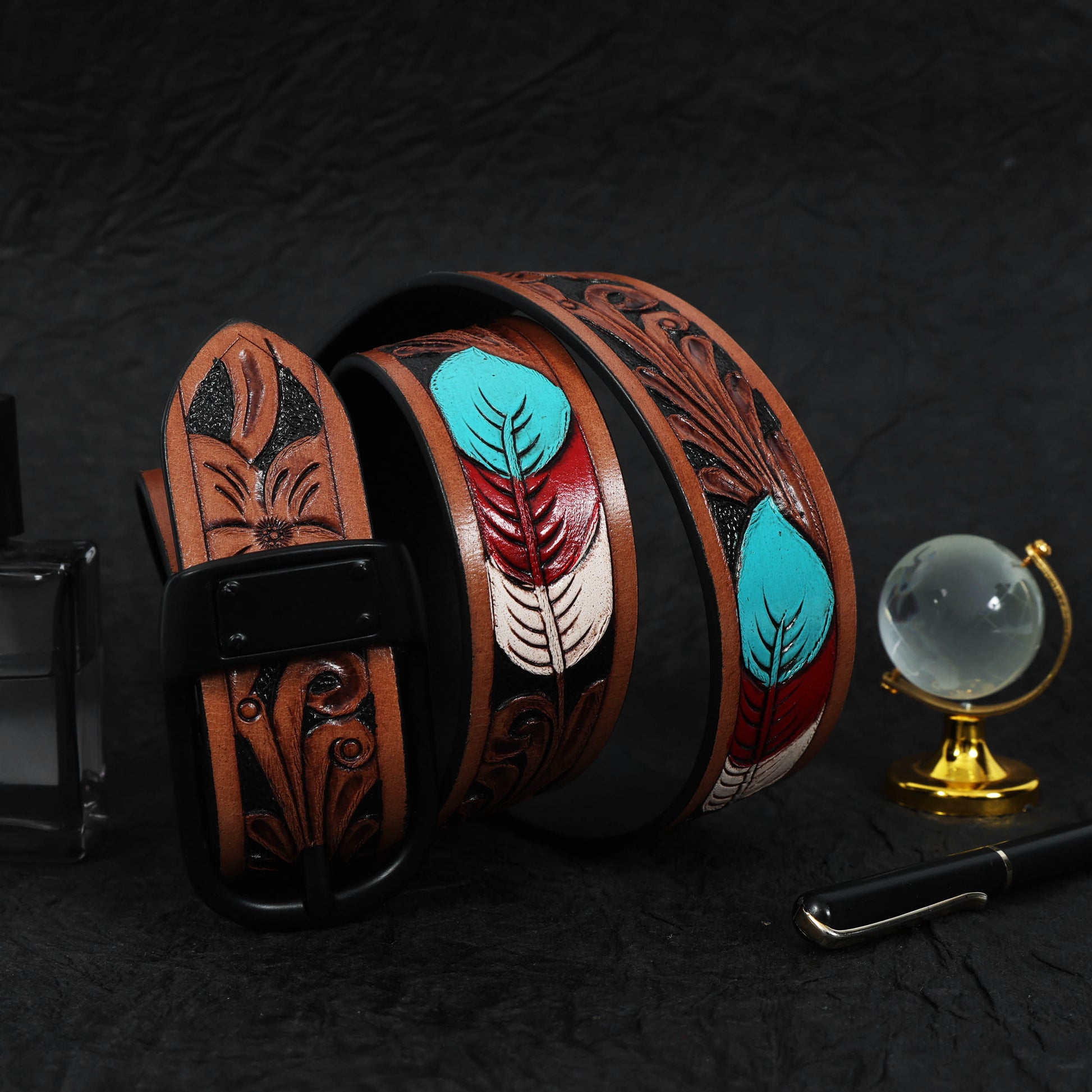 Stylish Brown Leather Hand-Carved Belt with Blue Paint  Unique, Custom Artisan Craftsmanship. LB-842