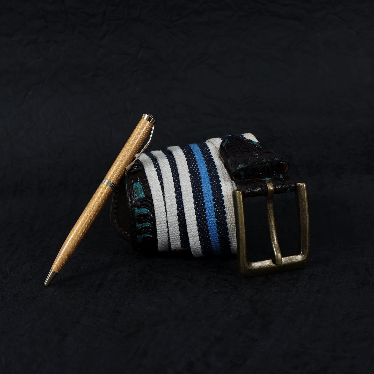 Hand-Carved Black Leather Belt with Blue Webbing  38mm. LB-834