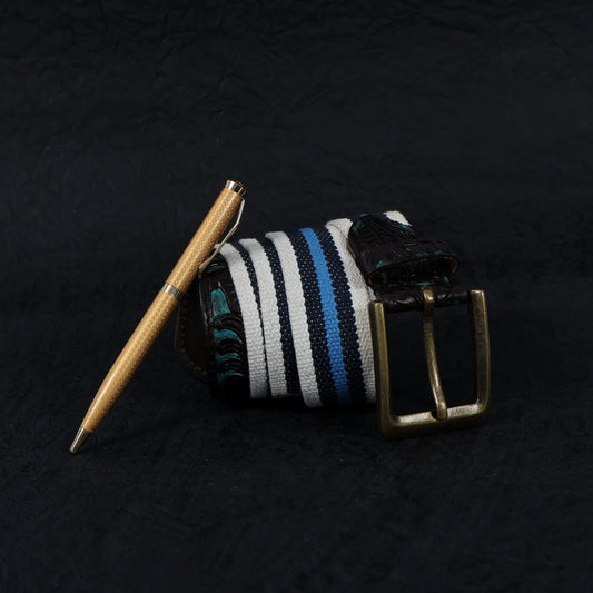 Hand-Carved Black Leather Belt with Blue Webbing  38mm. LB-834