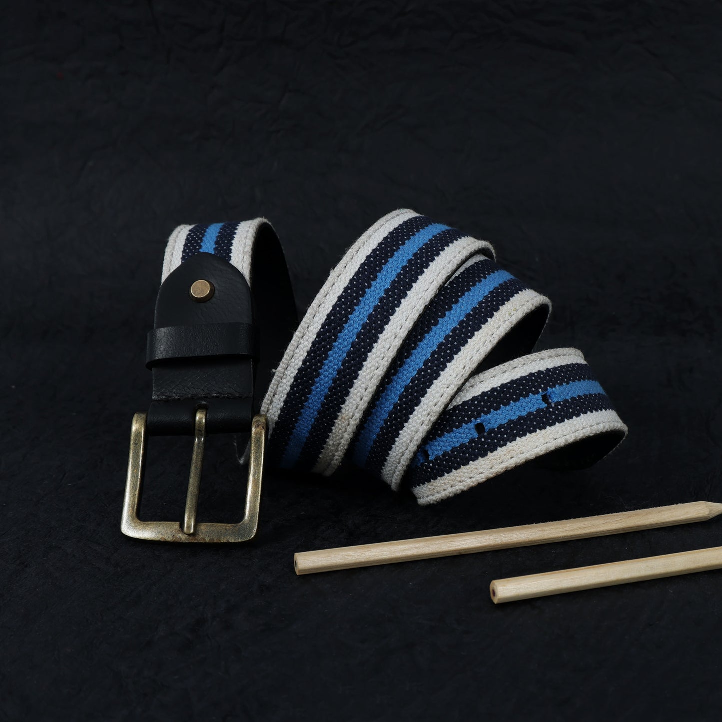 Black Leather Belt with Blue Webbing 38mm. LB-833