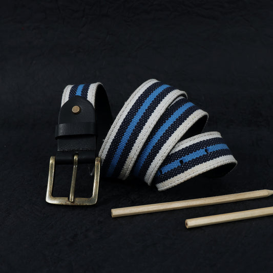 Black Leather Belt with Blue Webbing  38mm. LB-833
