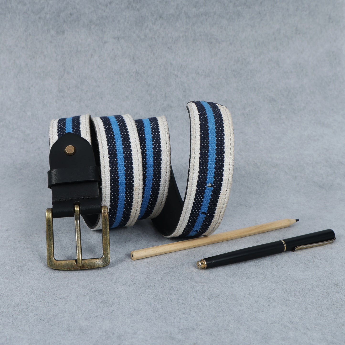 Black Leather Belt with Blue Webbing 38mm. LB-833