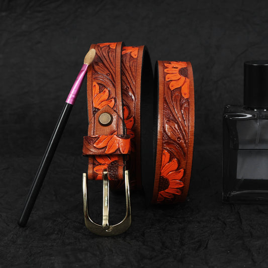 Handcrafted Tan Leather Carving Belt  Stylish, Durable, and Unique Design. LB-840