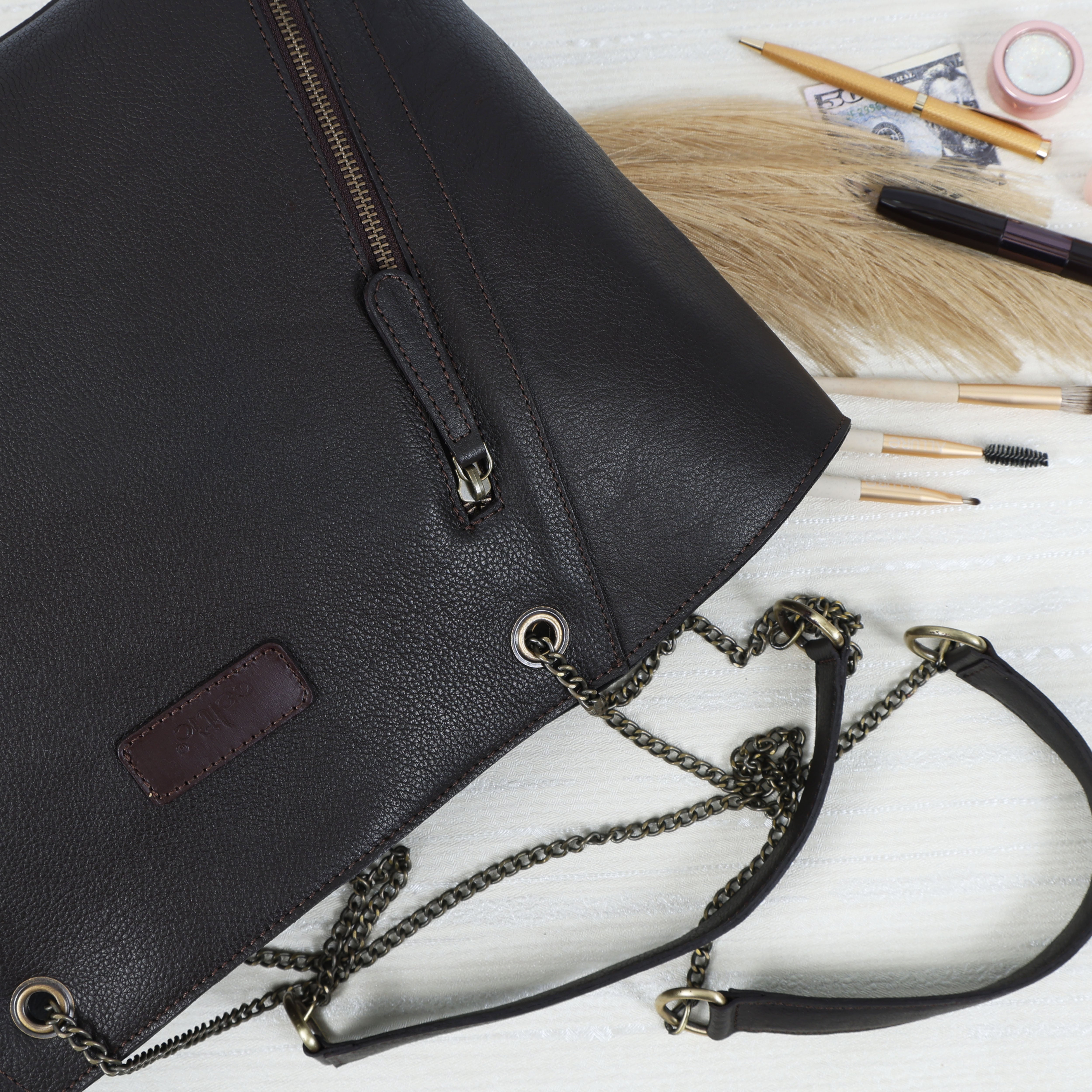 Premium Export Quality Black Leather Tote Bag with Chain Handles & Zip Closure