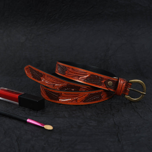 Premium Brown Leather Hand-Carved Belt  Elegant Formal Wear Accessory. LB-848