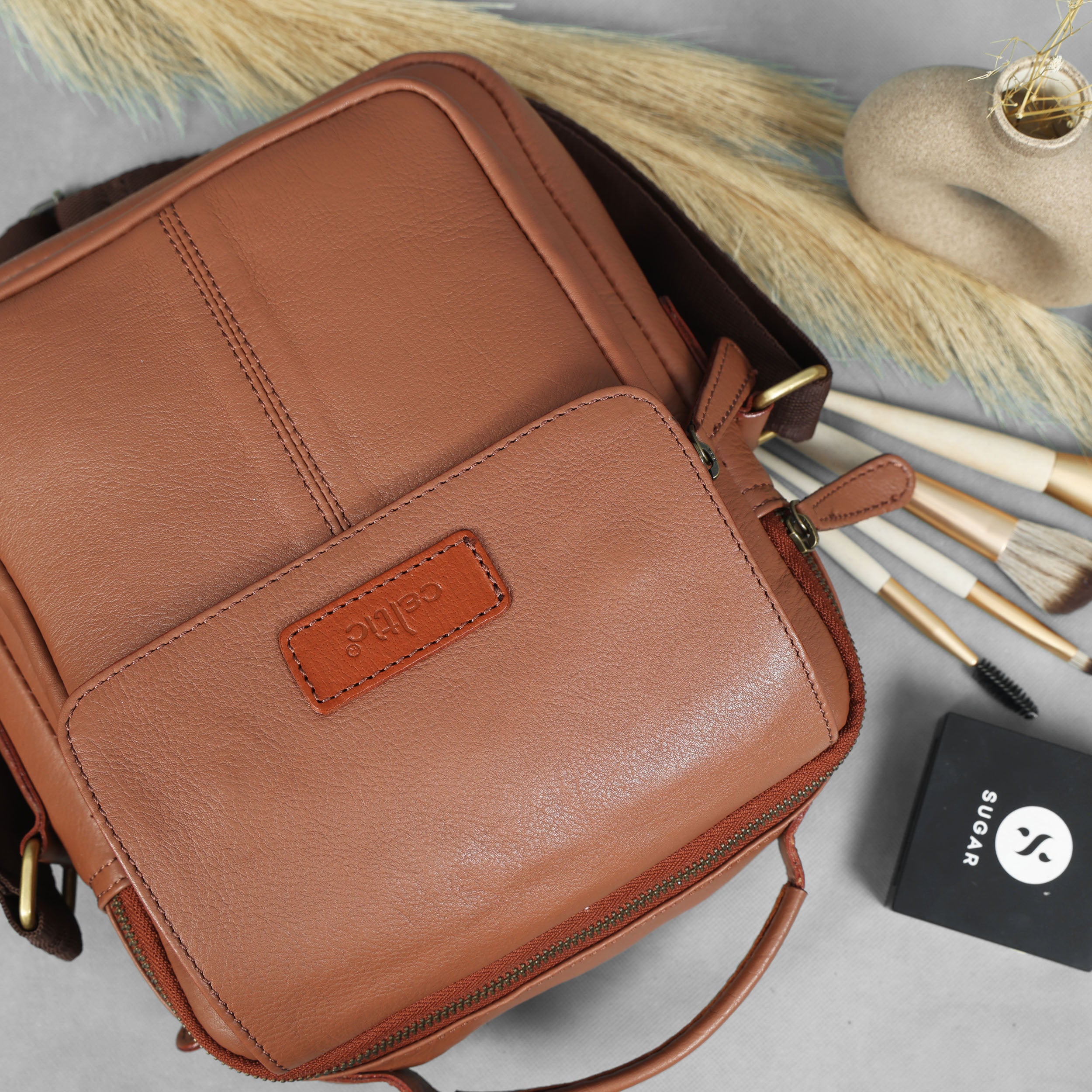 Unisex Leather Crossbody Sling Bag with Front Flap Pocket & Adjustable Strap