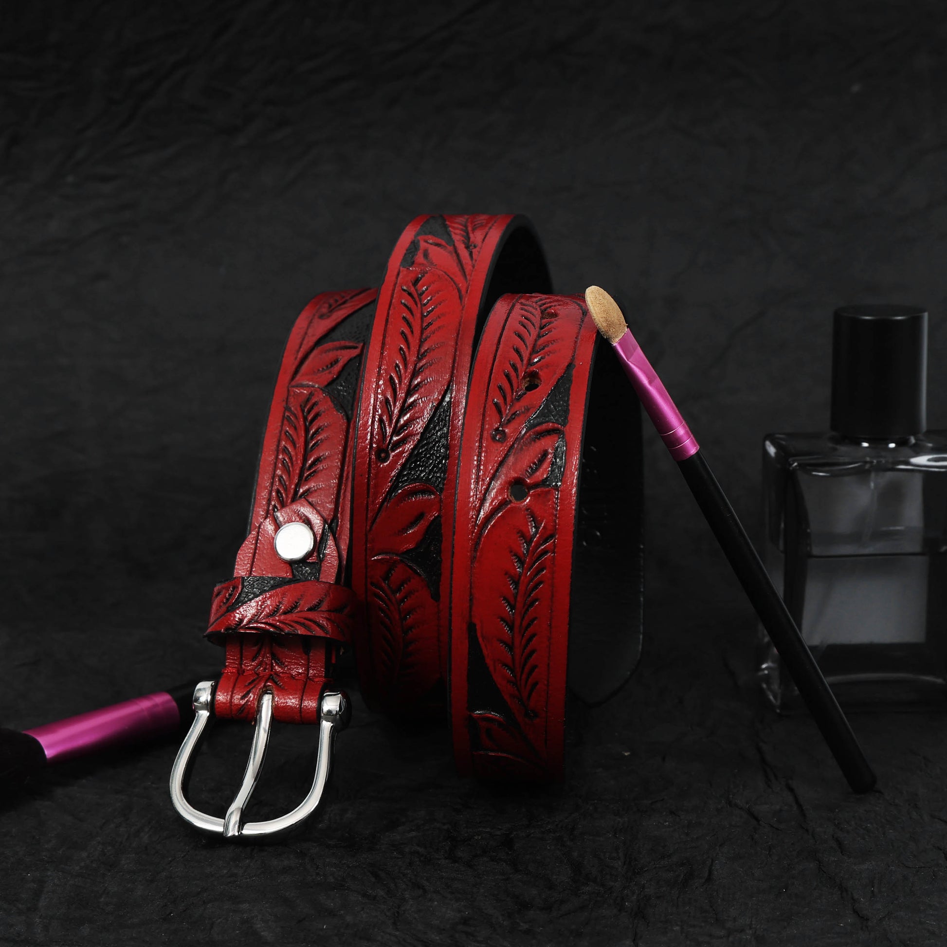 Hand-Carved Red & Black Leather Belt  Premium Quality, Custom Design. LB-846