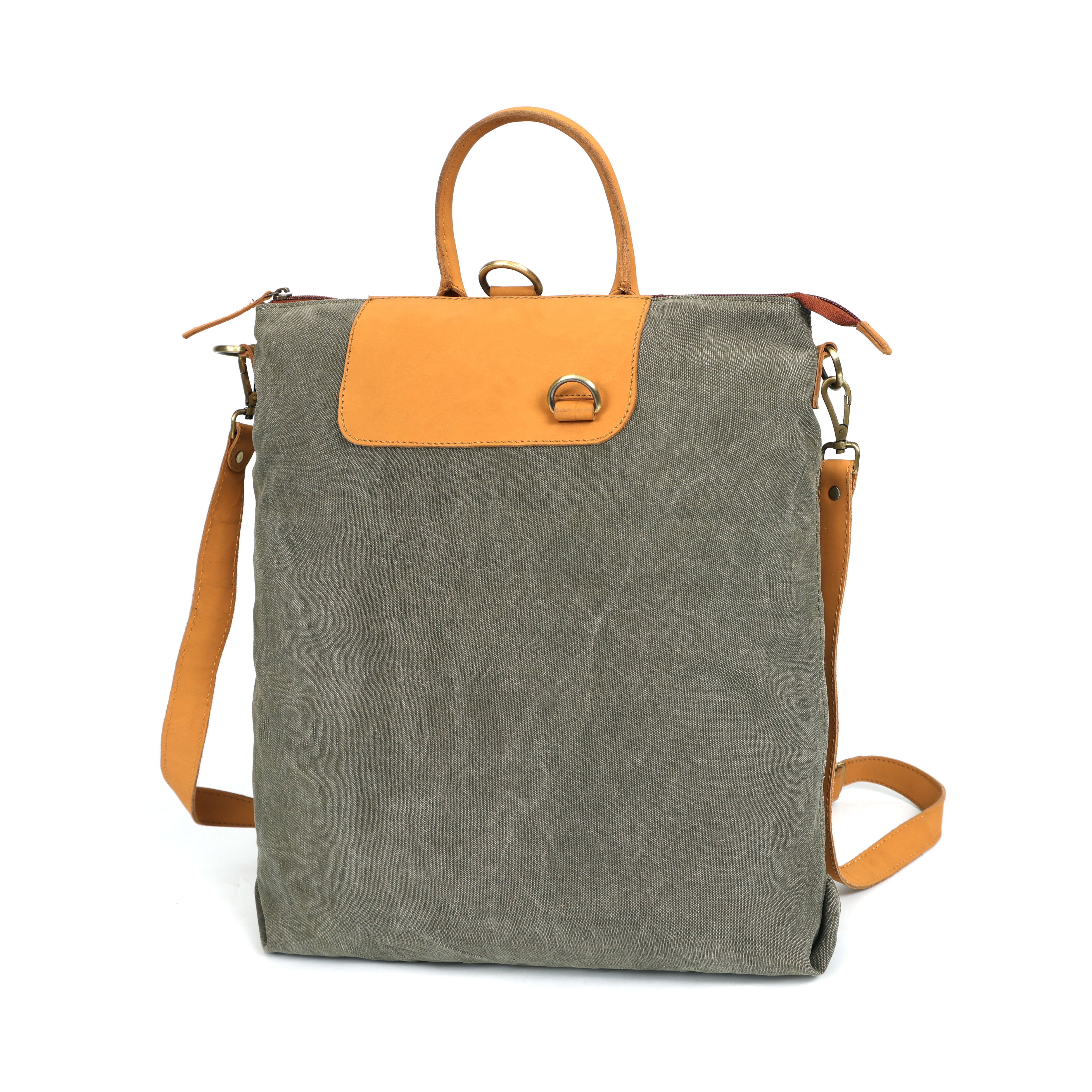 Premium Genuine Leather& Canvas Convertible Backpack Tote with Zip Closure & Adjustable Strap
