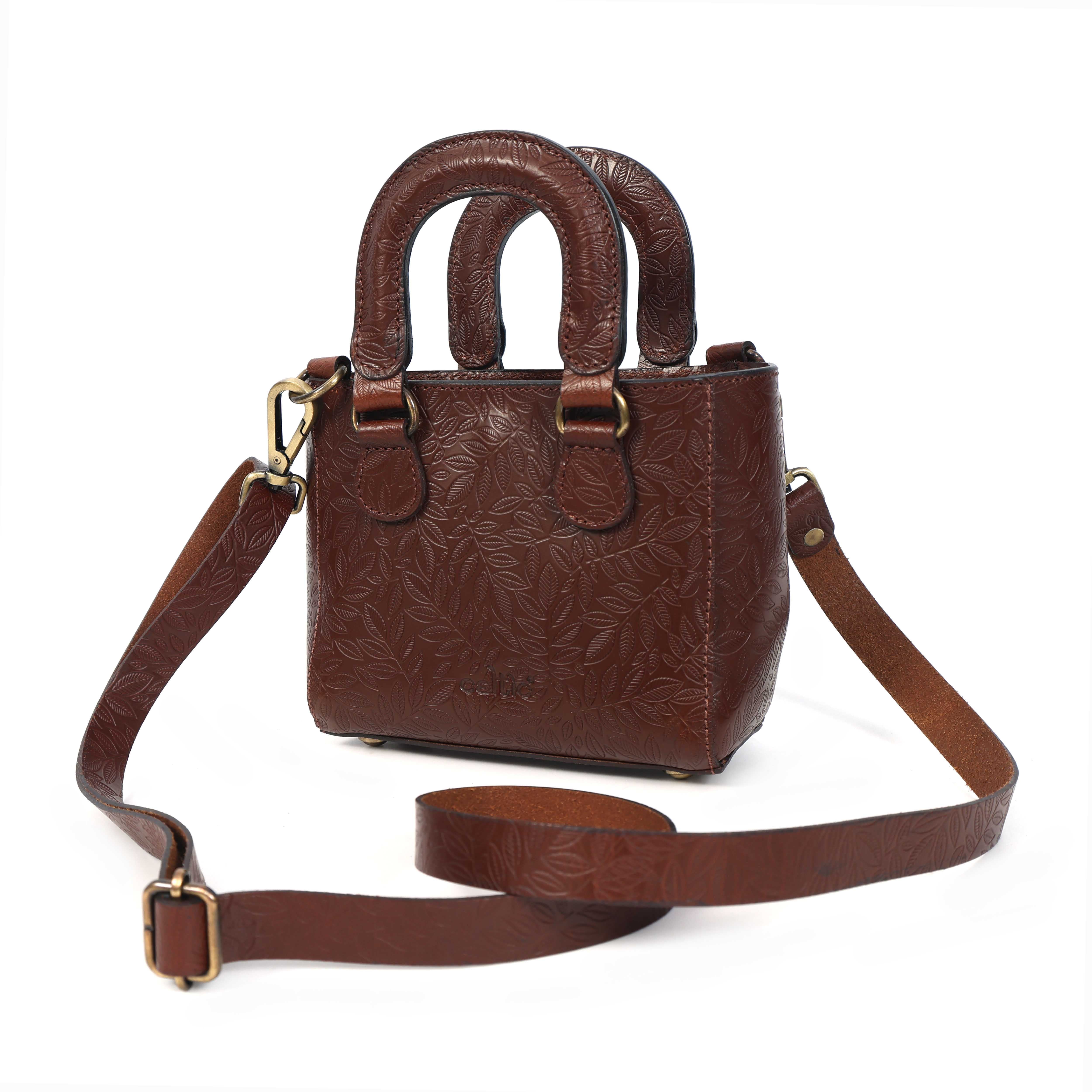Premium Embossed Genuine Leather Mini Tote Crossbody Bag with Dual Handles & Zip Pocket
