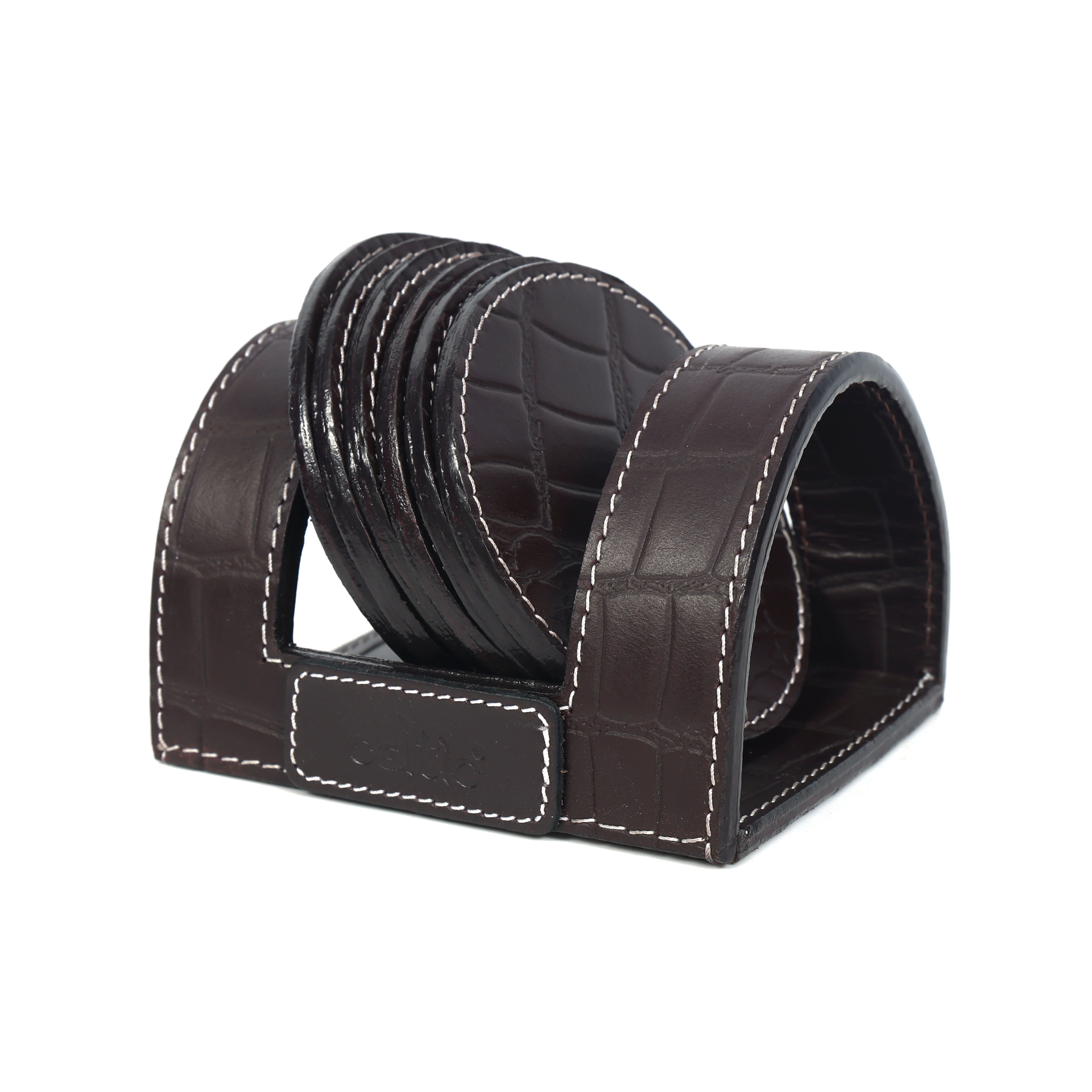 Premium Croc-Textured Leather Coaster Set with Holder