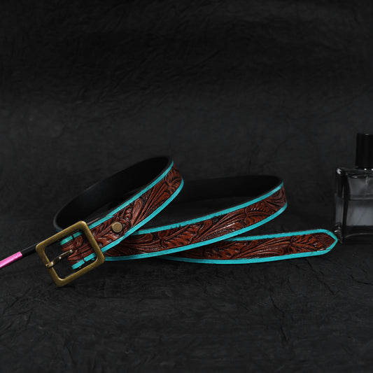 Hand-Carved Leather Belt  Stylish and Unique Handmade Design for Men and Women. LB-839