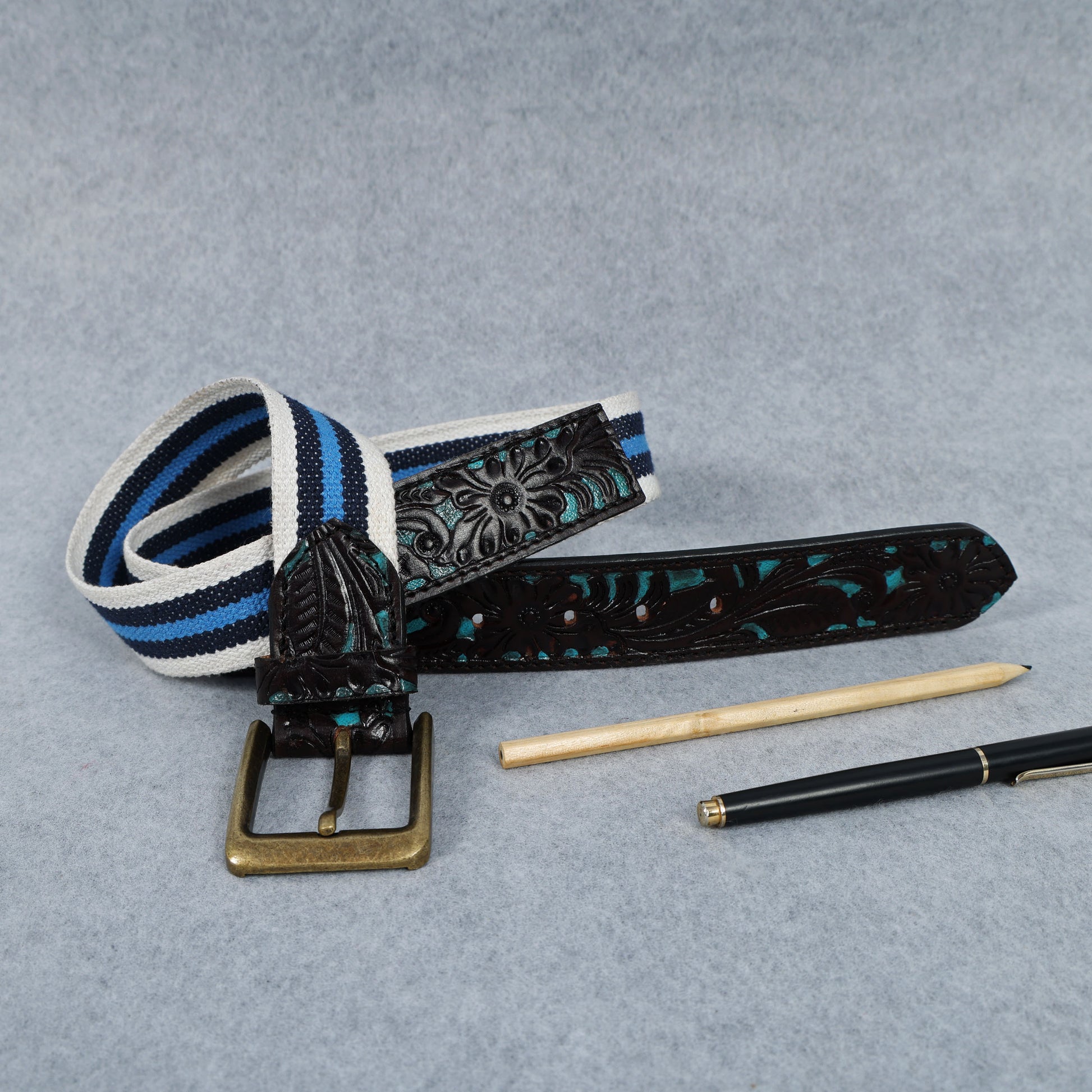 Hand-Carved Black Leather Belt with Blue Webbing  38mm. LB-834