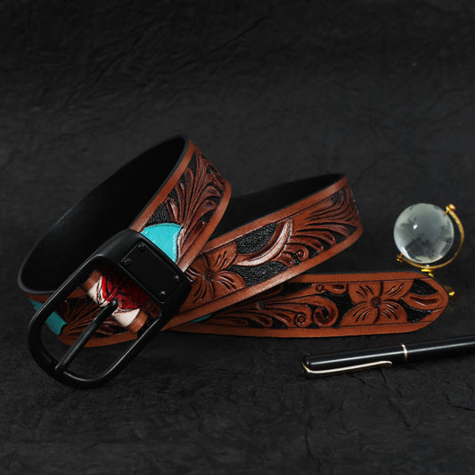 Stylish Brown Leather Hand-Carved Belt with Blue Paint  Unique, Custom Artisan Craftsmanship. LB-842