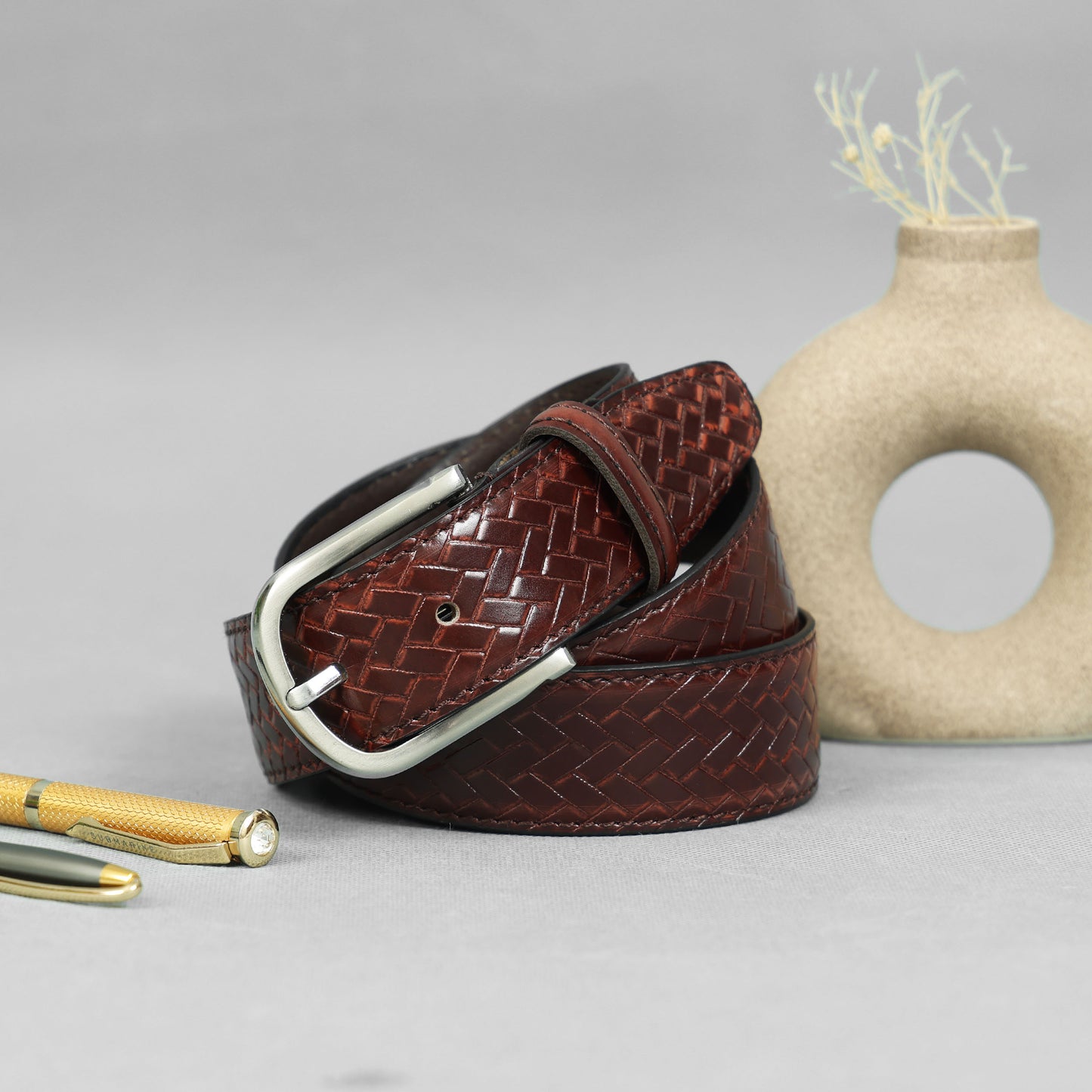 Trendy Brown Patterned Leather Belt for Men with Metal Buckle ƒ????? Stylish Casual & Formal Waist Belt ART:-LB-910