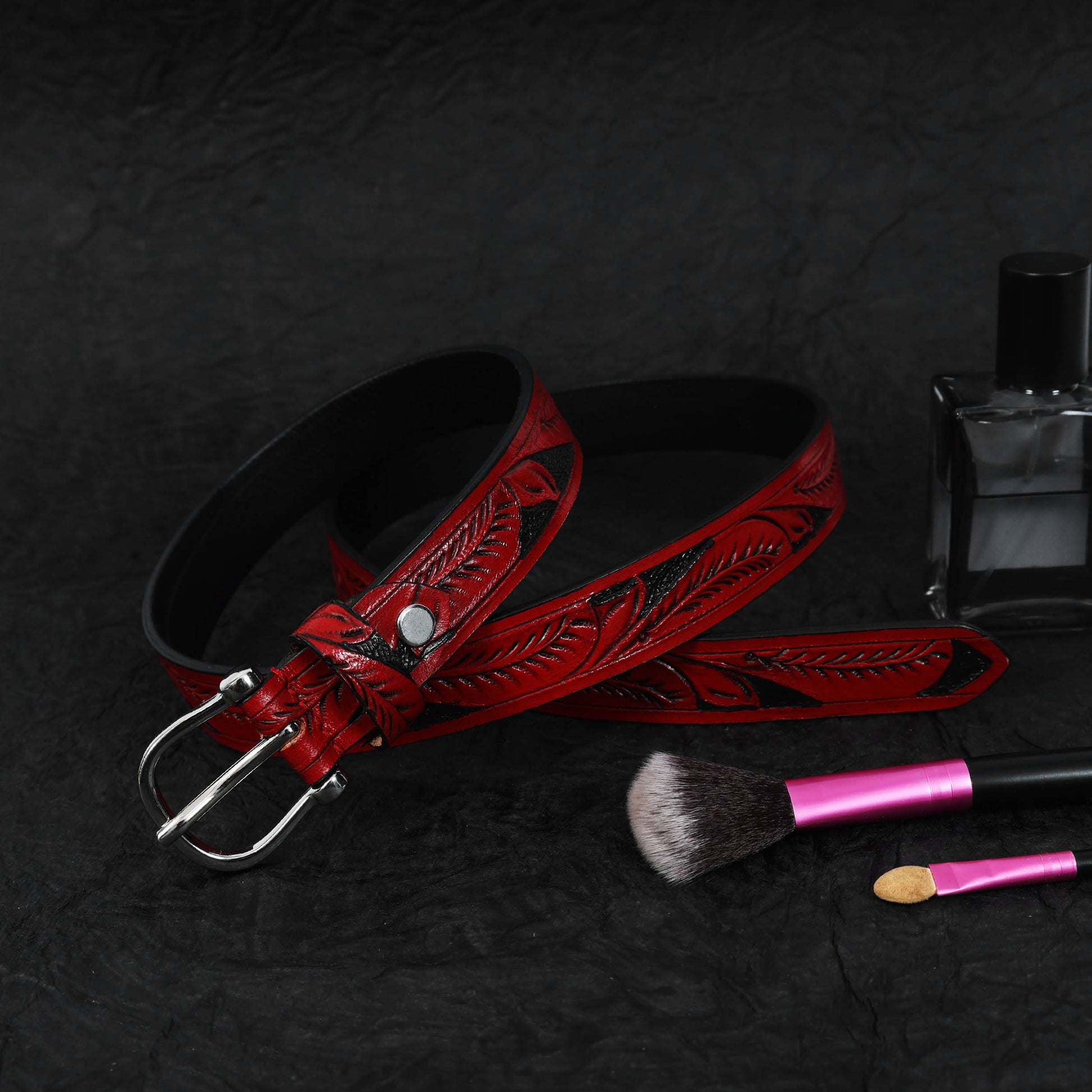 Hand-Carved Red & Black Leather Belt  Premium Quality, Custom Design. LB-846