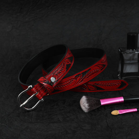 Hand-Carved Red & Black Leather Belt  Premium Quality, Custom Design. LB-846