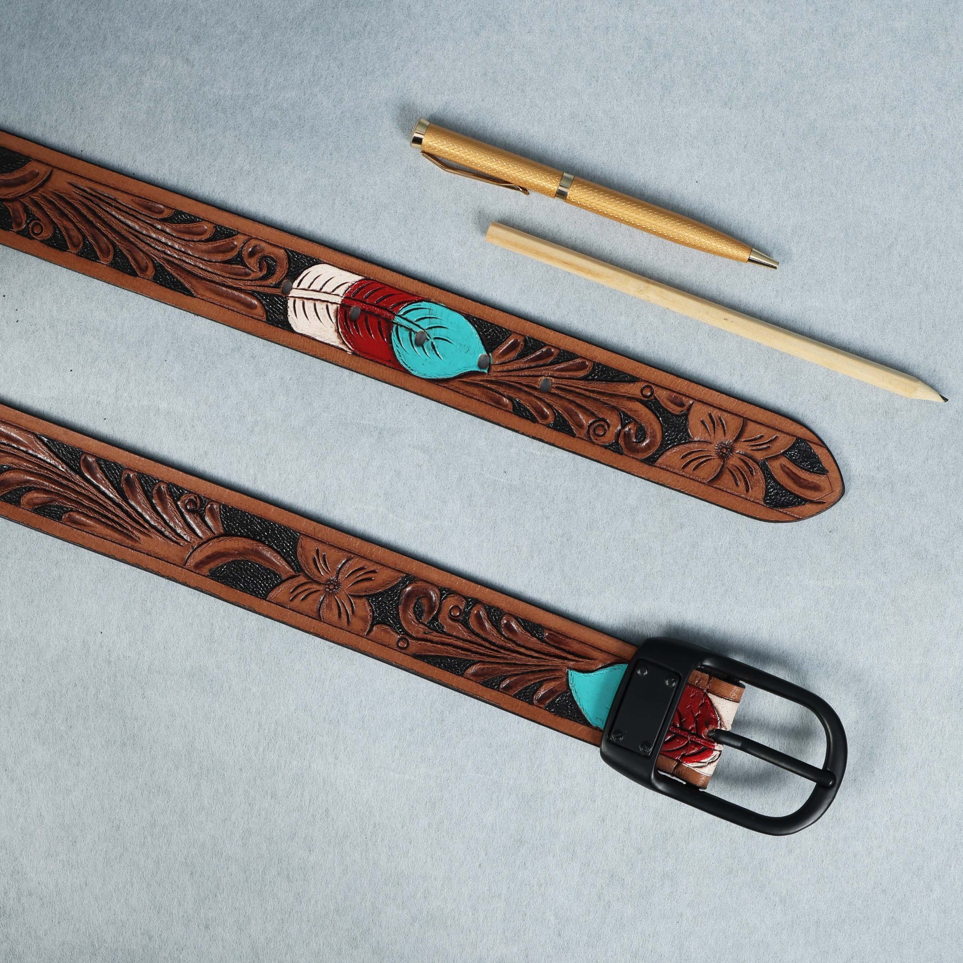 Stylish Brown Leather Hand-Carved Belt with Blue Paint  Unique, Custom Artisan Craftsmanship. LB-842