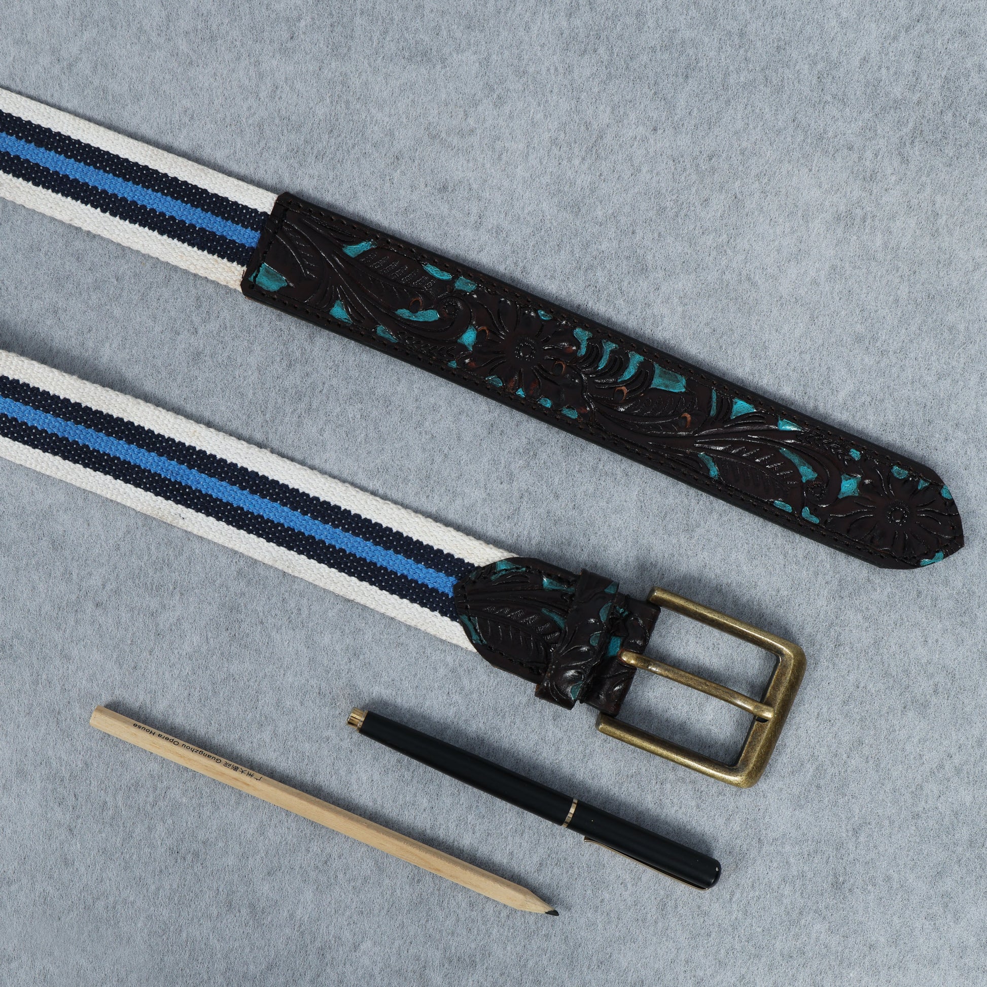 Hand-Carved Black Leather Belt with Blue Webbing  38mm. LB-834