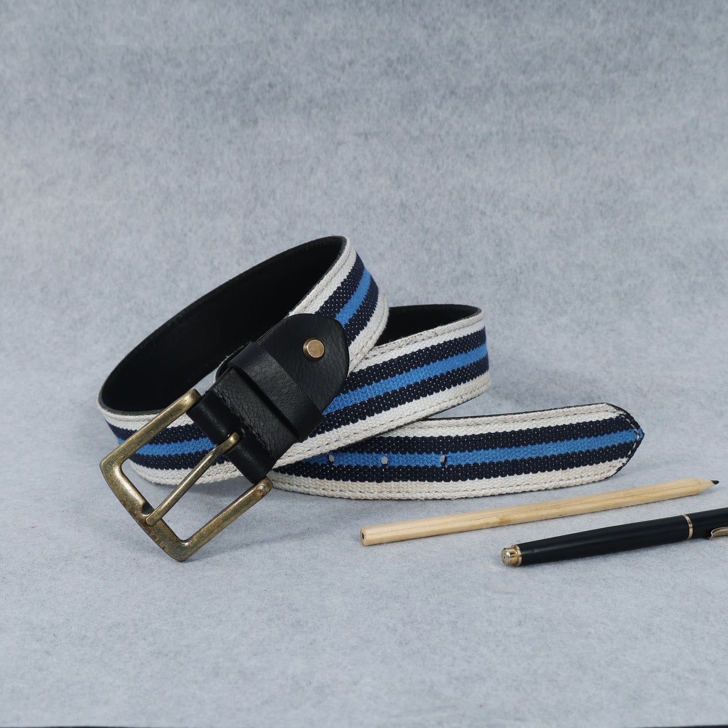Black Leather Belt with Blue Webbing 38mm. LB-833