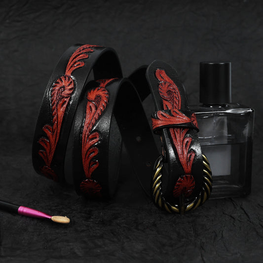 Hand-Carved Brown and Black Leather Belt  Unique Custom Leather Craftsmanship. LB-847
