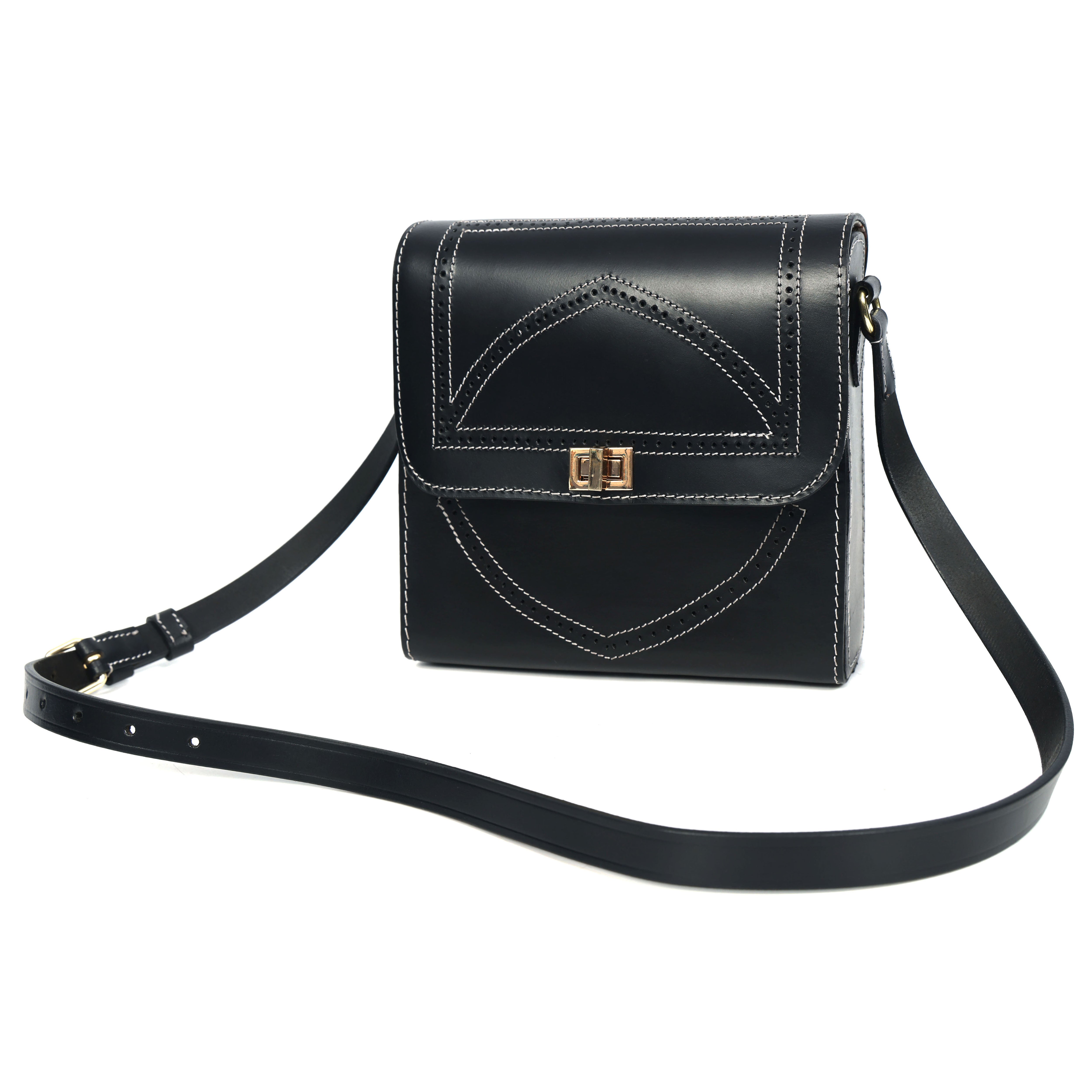 Black Structured Leather Crossbody Bag with Contrast Stitching & Secure Turn-Lock