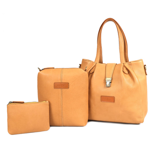Genuine Leather 3-Piece Combo | Tote, Sling & Pouch in Classic Tan