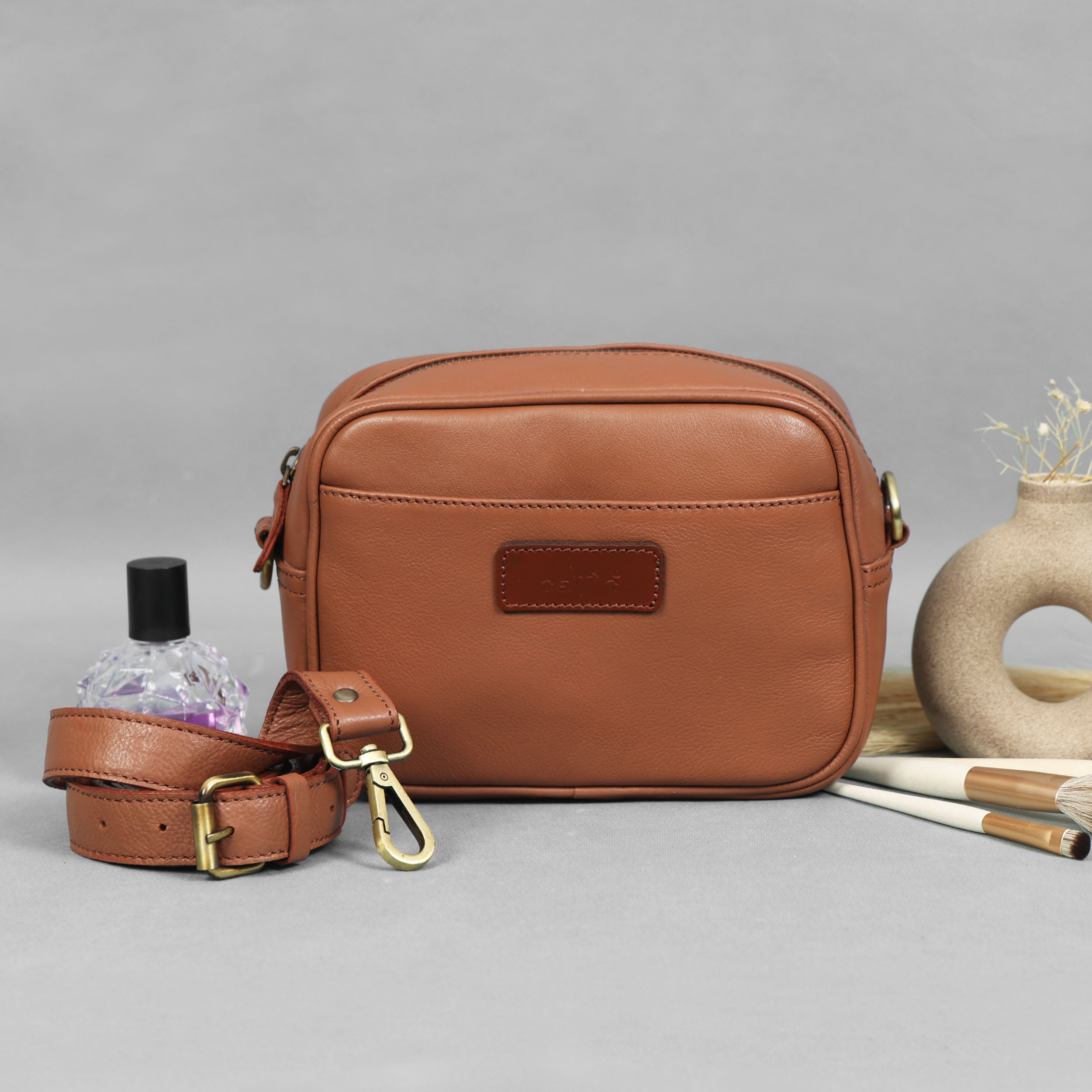 Premium Export Leather Compact Crossbody Bag | Multiple Zip Pockets & Adjustable Strap