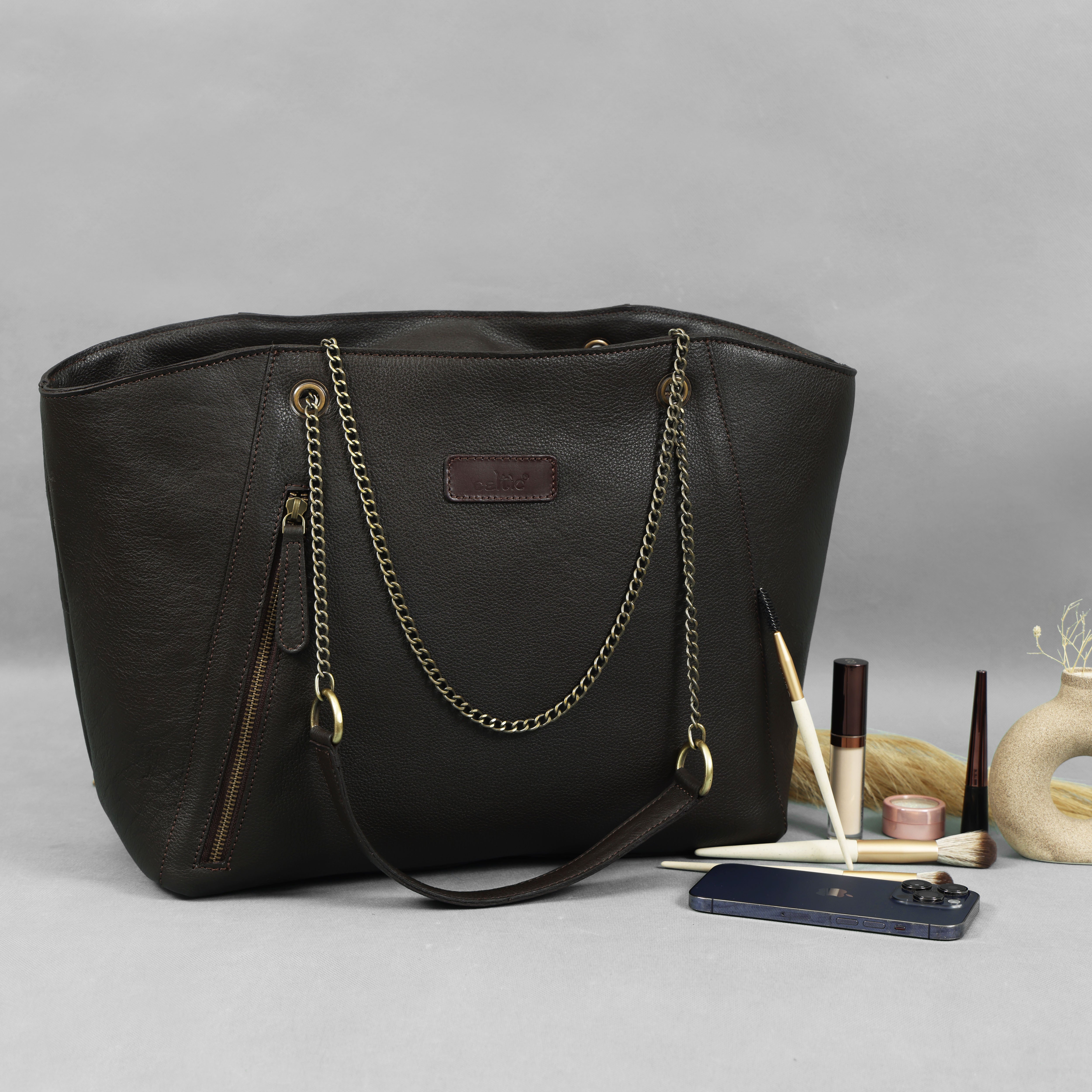 Premium Export Quality Black Leather Tote Bag with Chain Handles & Zip Closure