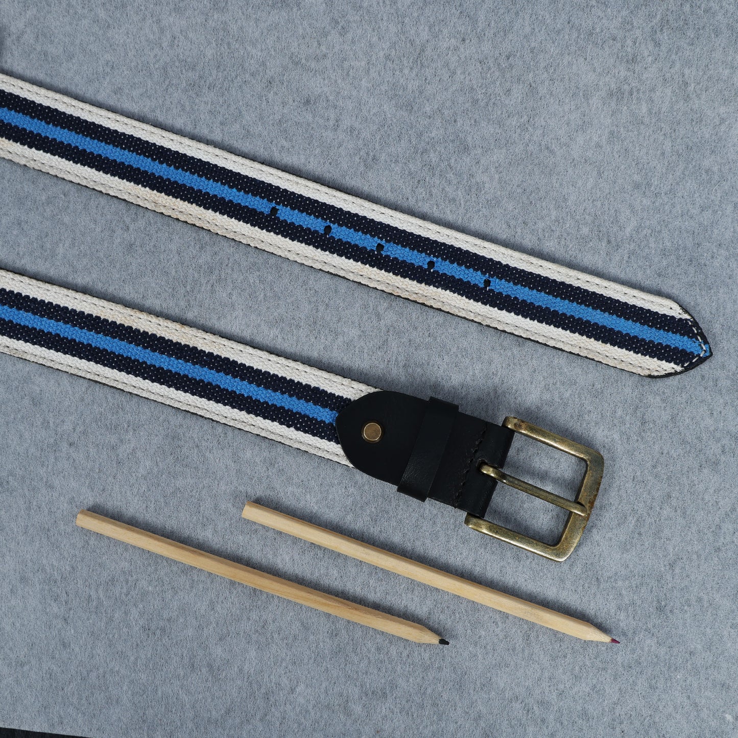 Black Leather Belt with Blue Webbing 38mm. LB-833