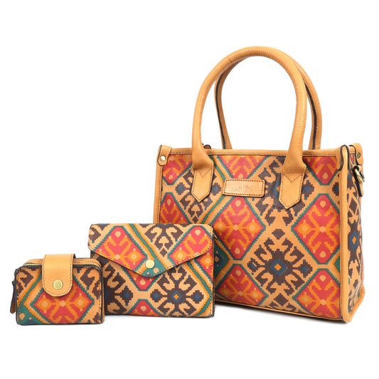 Genuine Leather 3-Piece Ethnic Pattern Bag Combo Set | Tote, Sling & Wallet