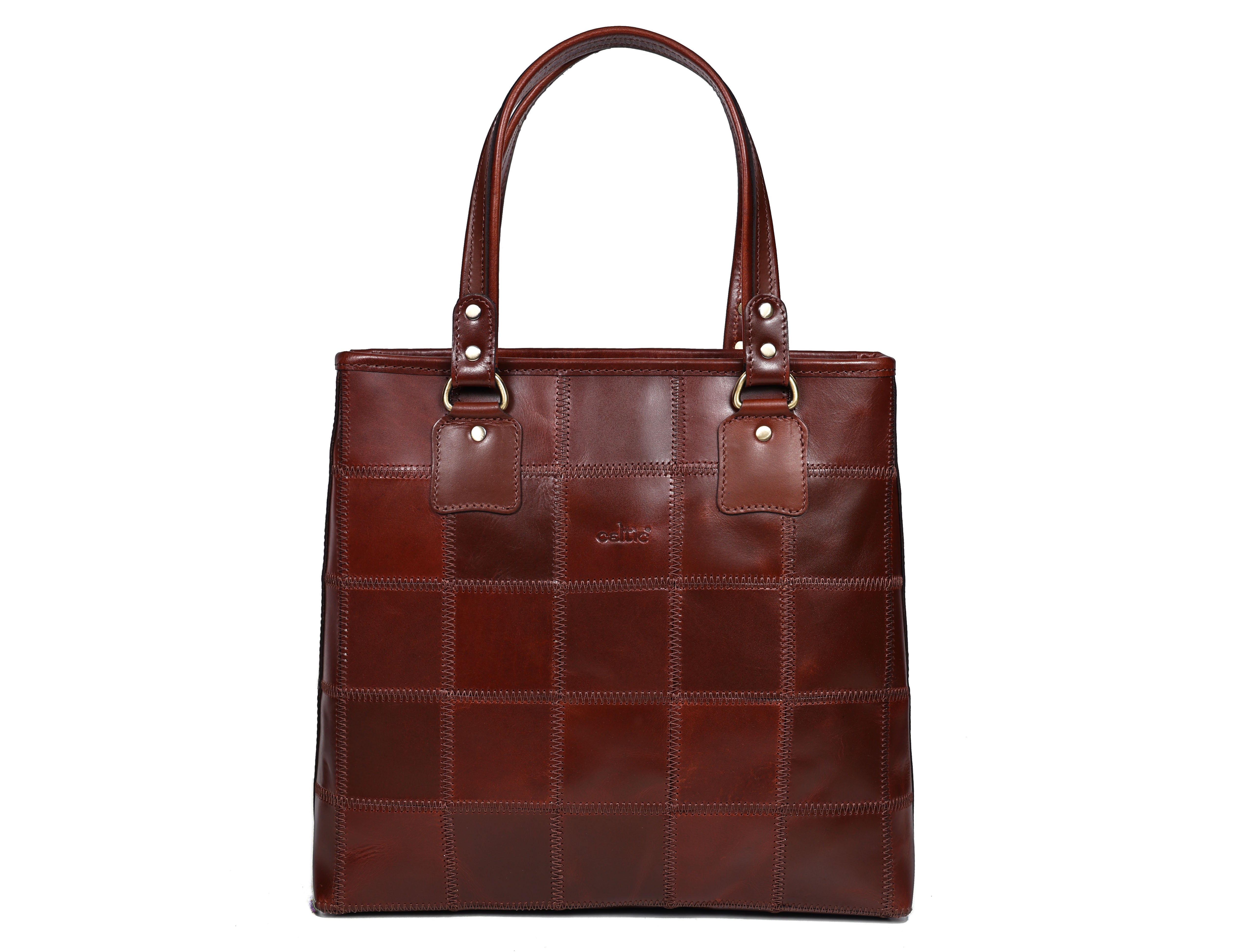 Women Black Leather Tote Bag with Patchwork Design and Spacious Interior