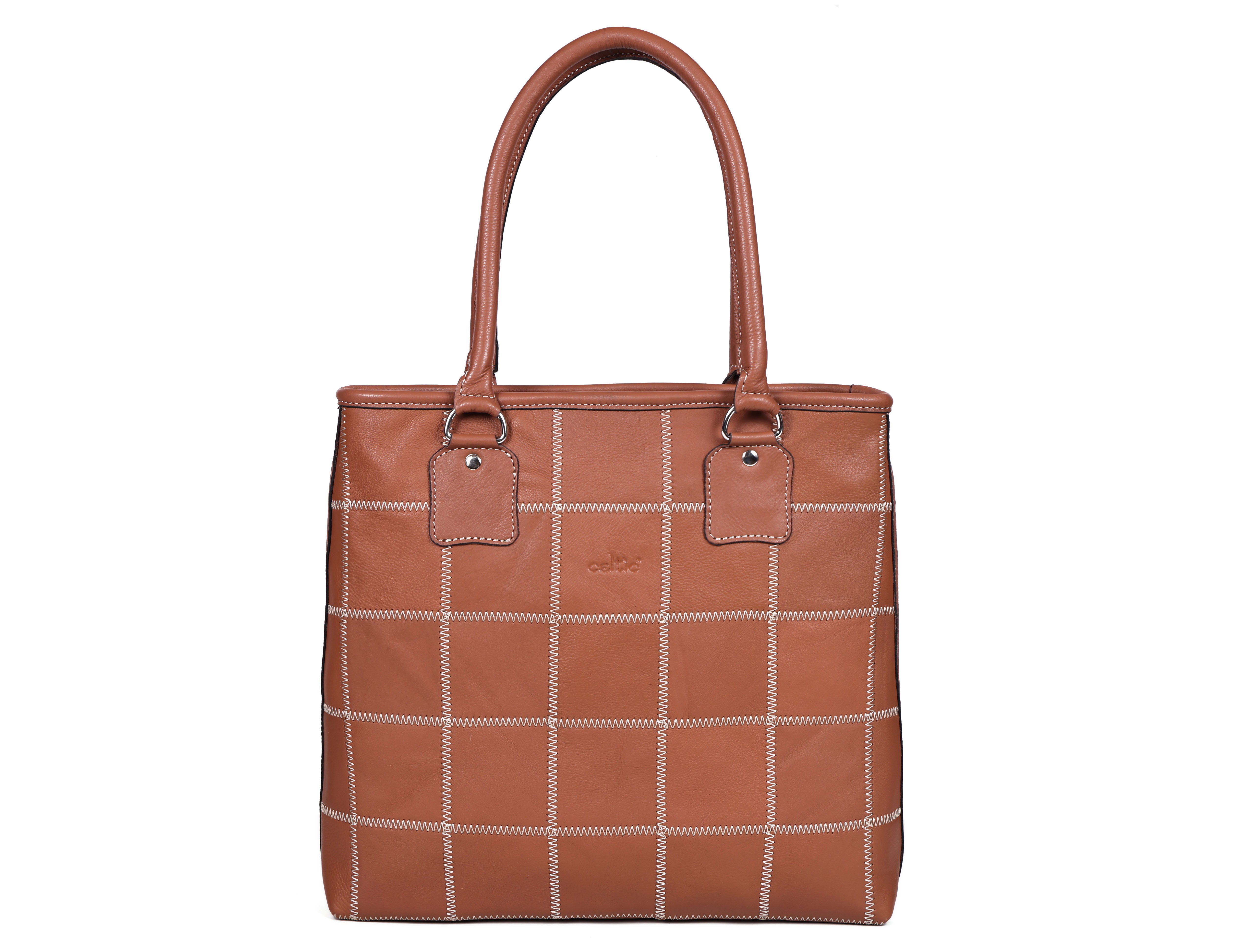 Genuine Leather Red Tote Bag with Check Stitch Design and Zip Closure