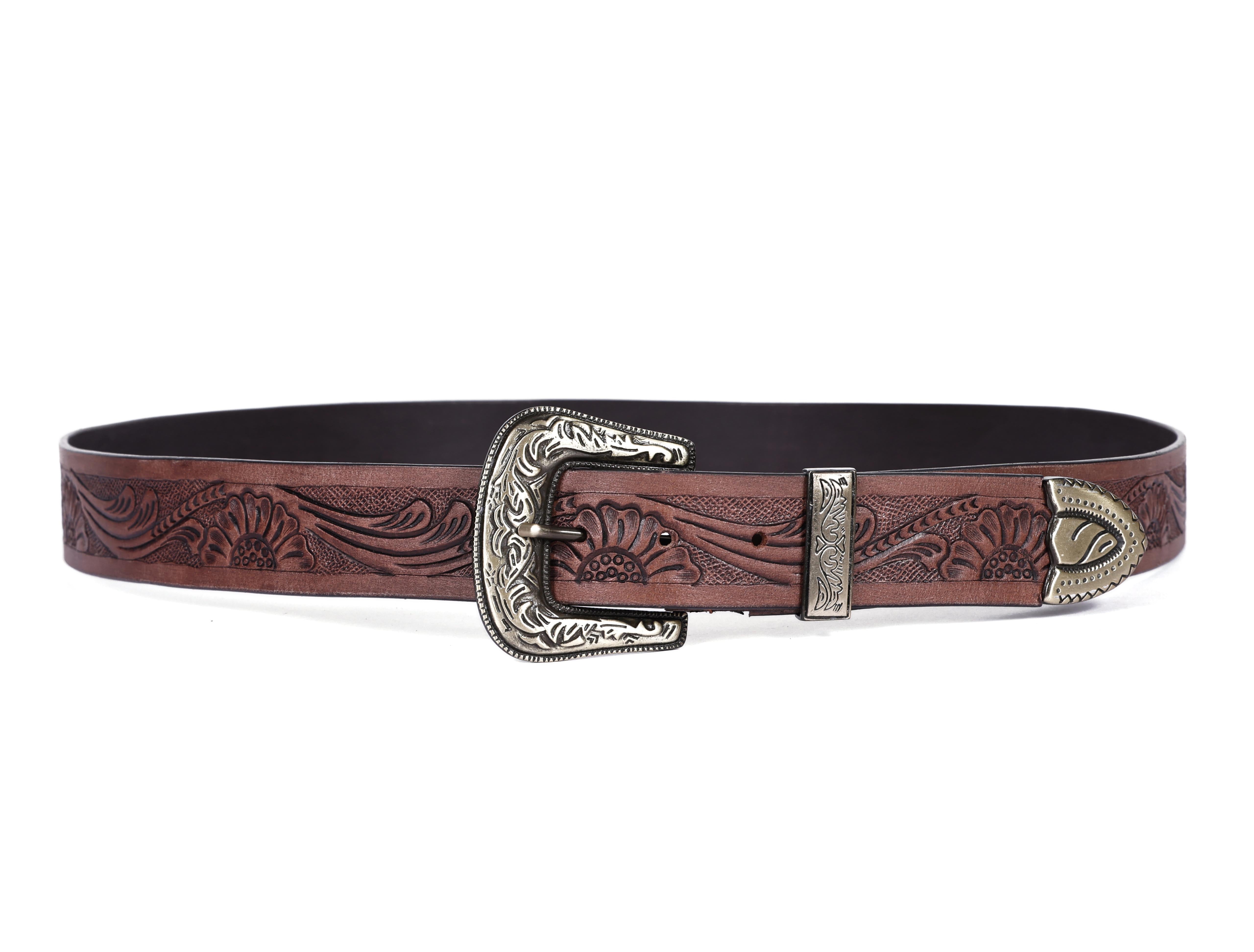 Genuine Leather Embossed Black Western Waist Accessory Ornate Buckle Tip