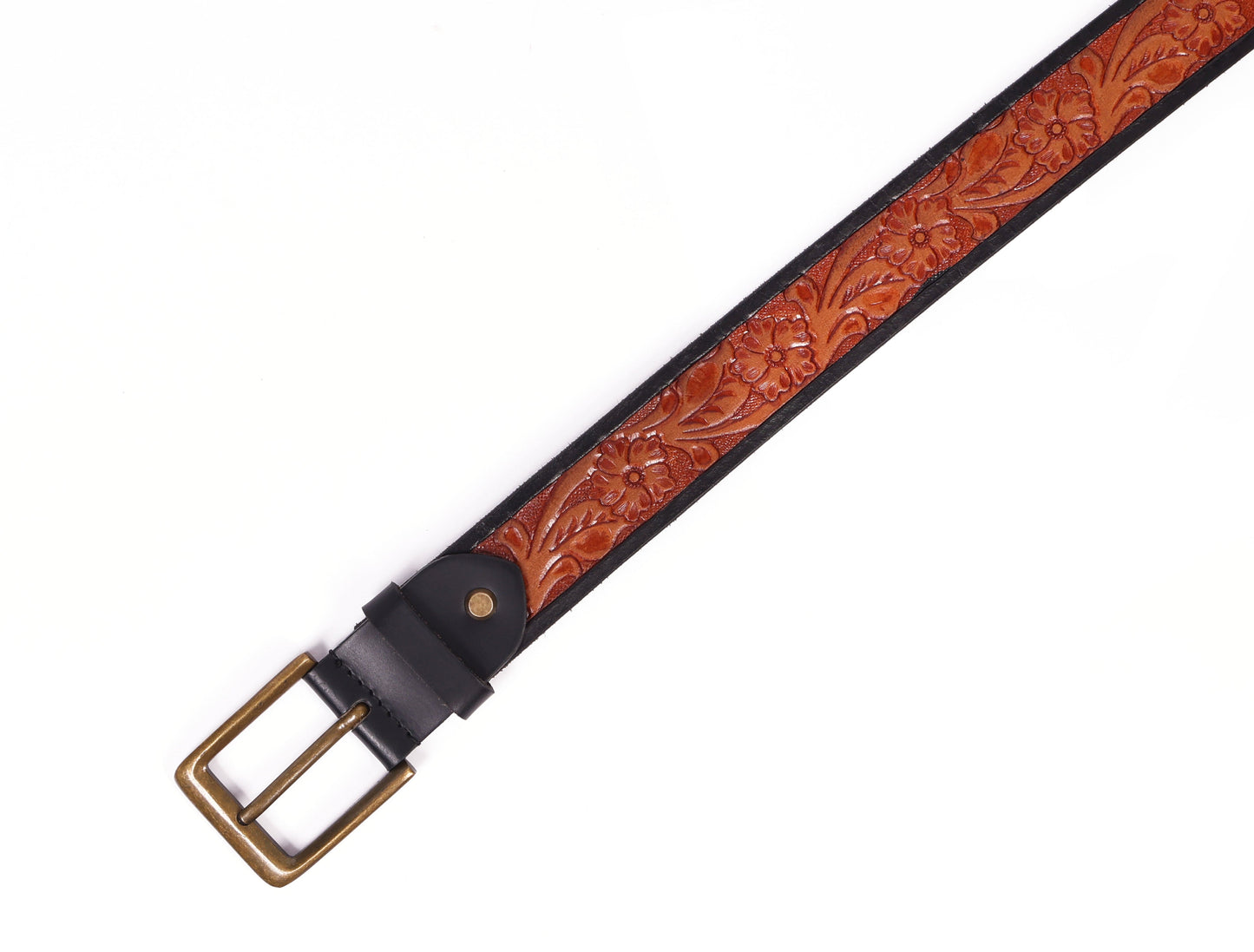 Premium Hand-Made Brown and Black Tooling Belt with Brass Antique Buckle. - CELTICINDIA
