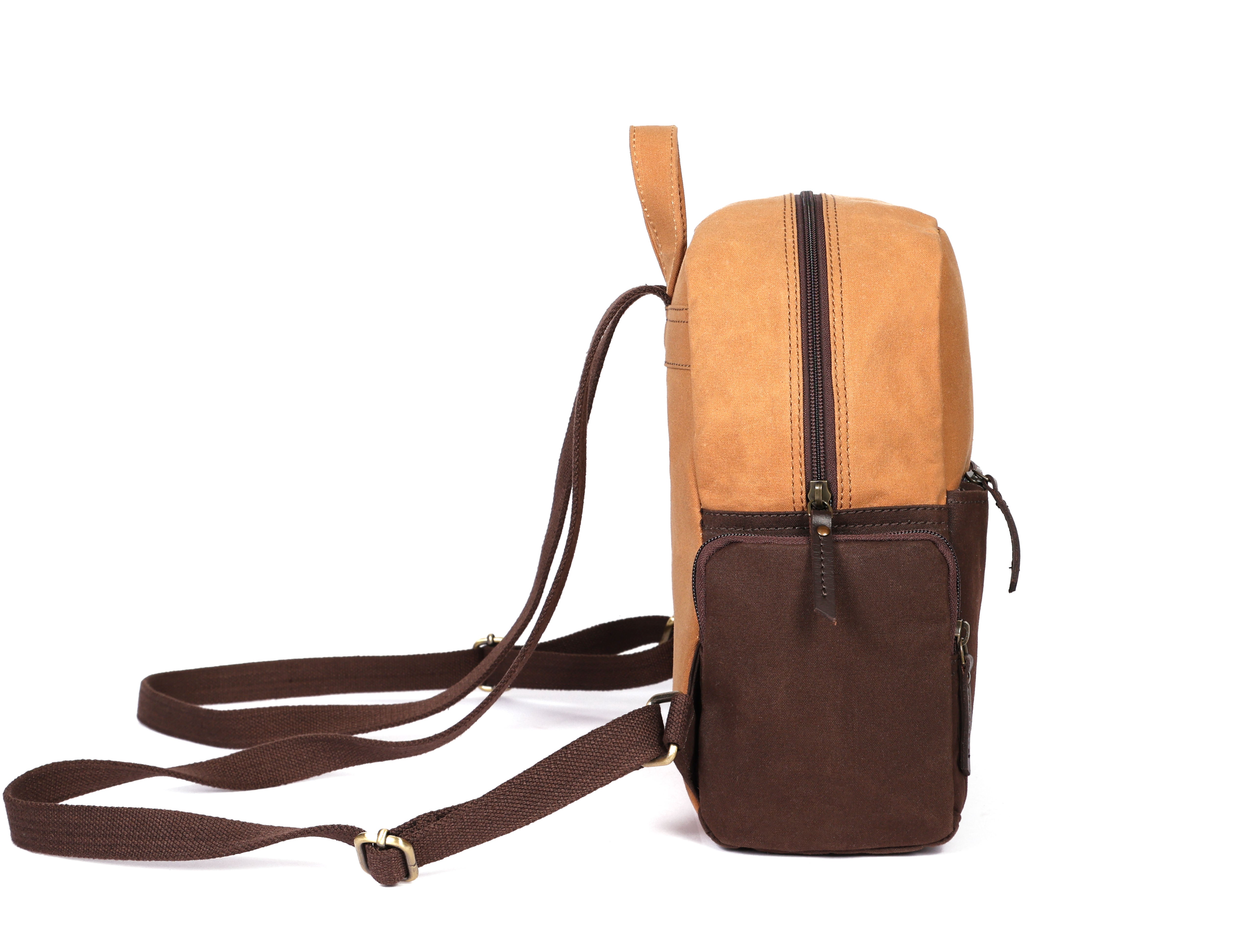 Premium Genuine Leather & Canvas Mini Backpack with Multi Zip Pockets & Adjustable Straps