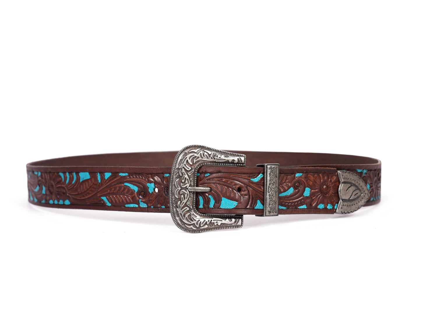 Brown and Blue Hand-Tooled Leather Belt with a Designer Buckle. - CELTICINDIA