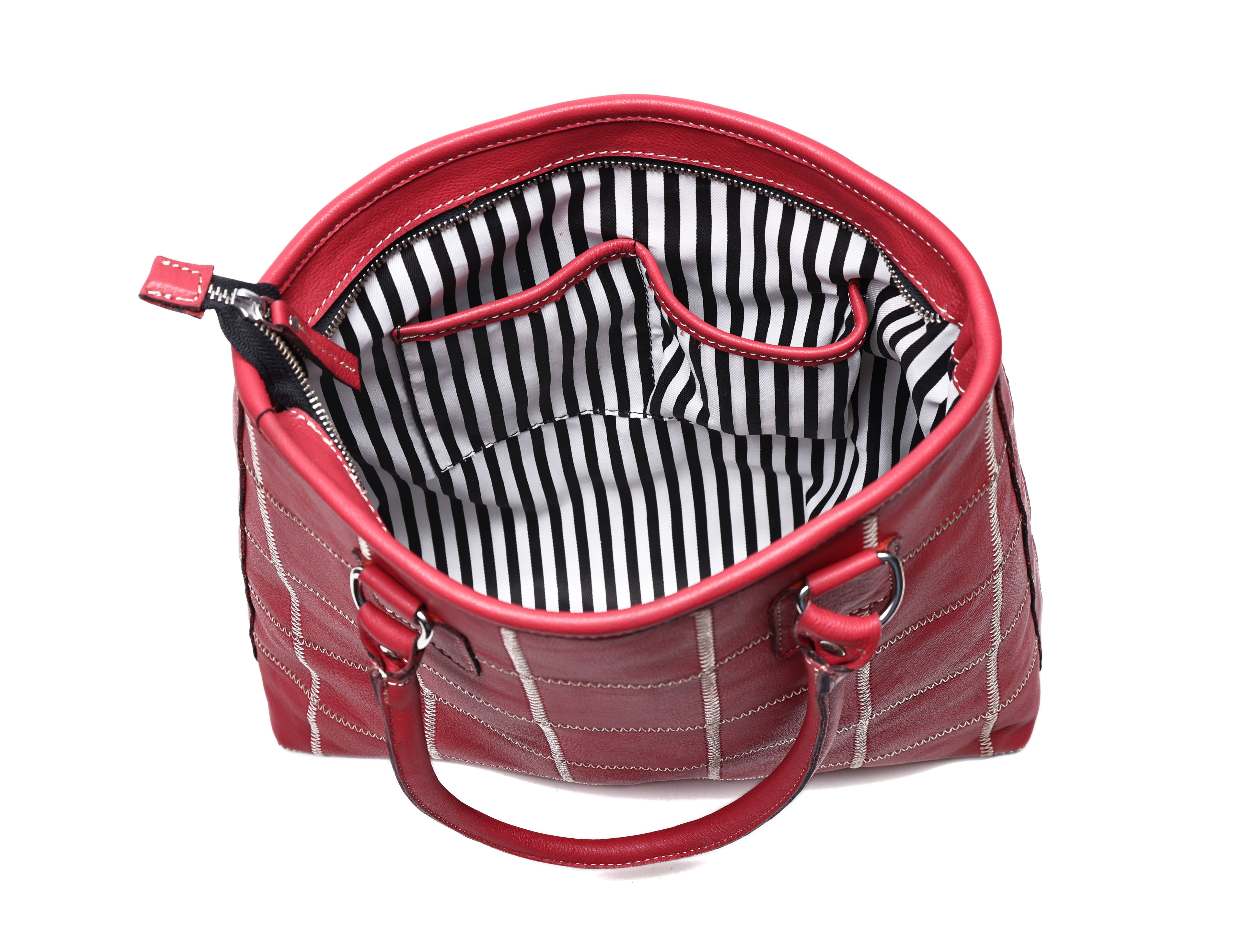 Genuine Leather Red Tote Bag with Check Stitch Design and Zip Closure
