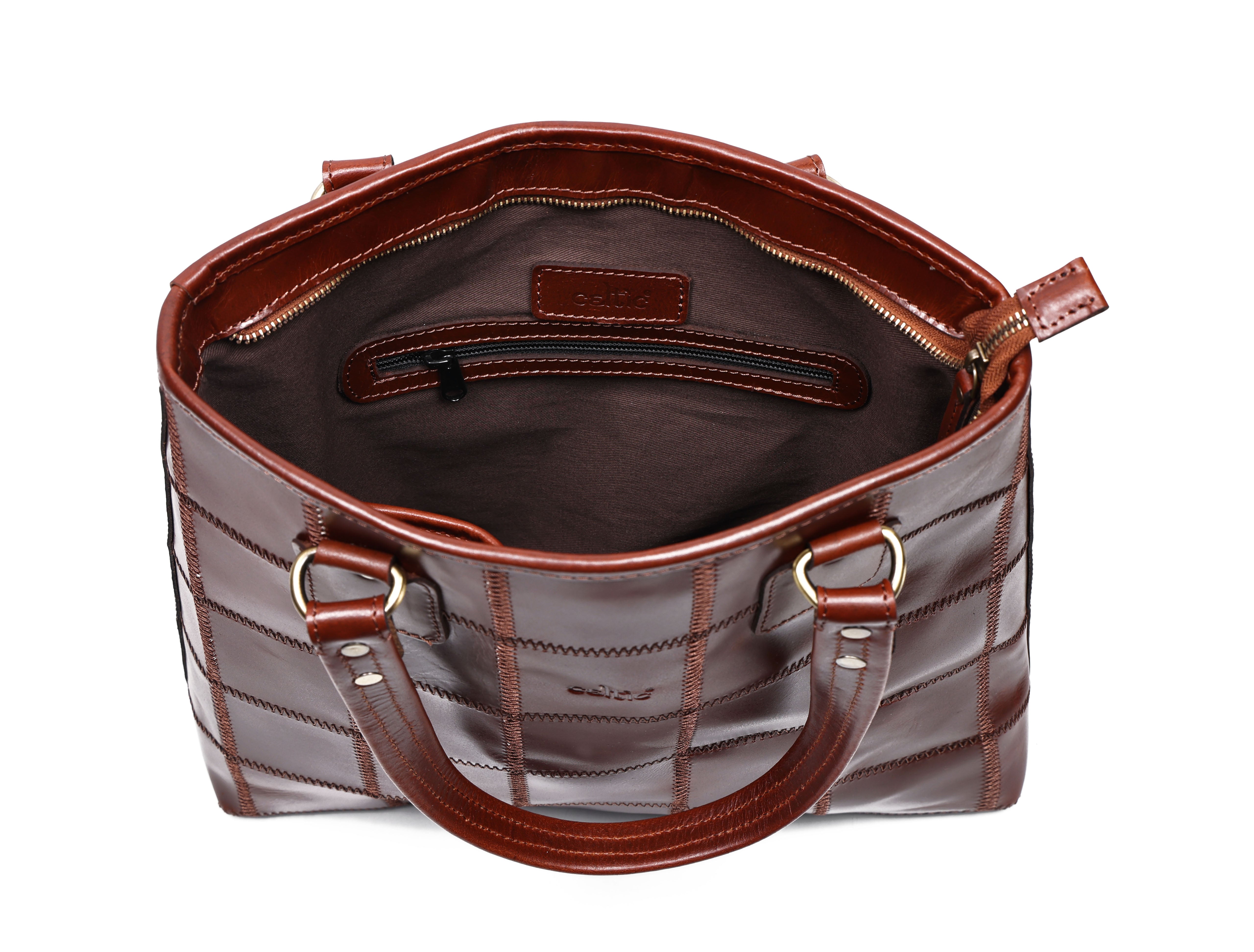 Genuine Leather Brown Tote Bag with Check Panel Design and Top Zip Closure