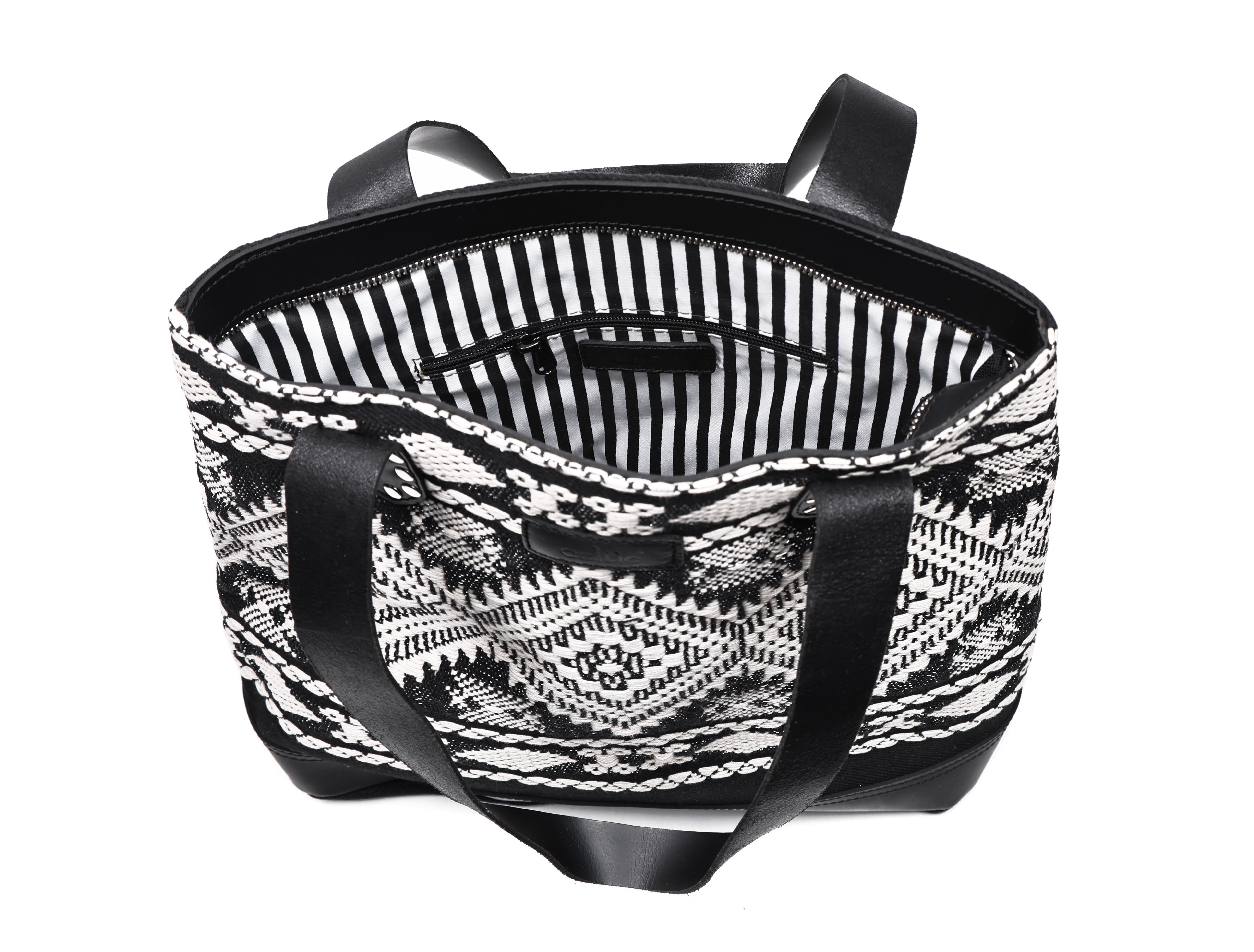 Premium Black & White Jacquard Tote Bag With Spacious Zipper Compartments